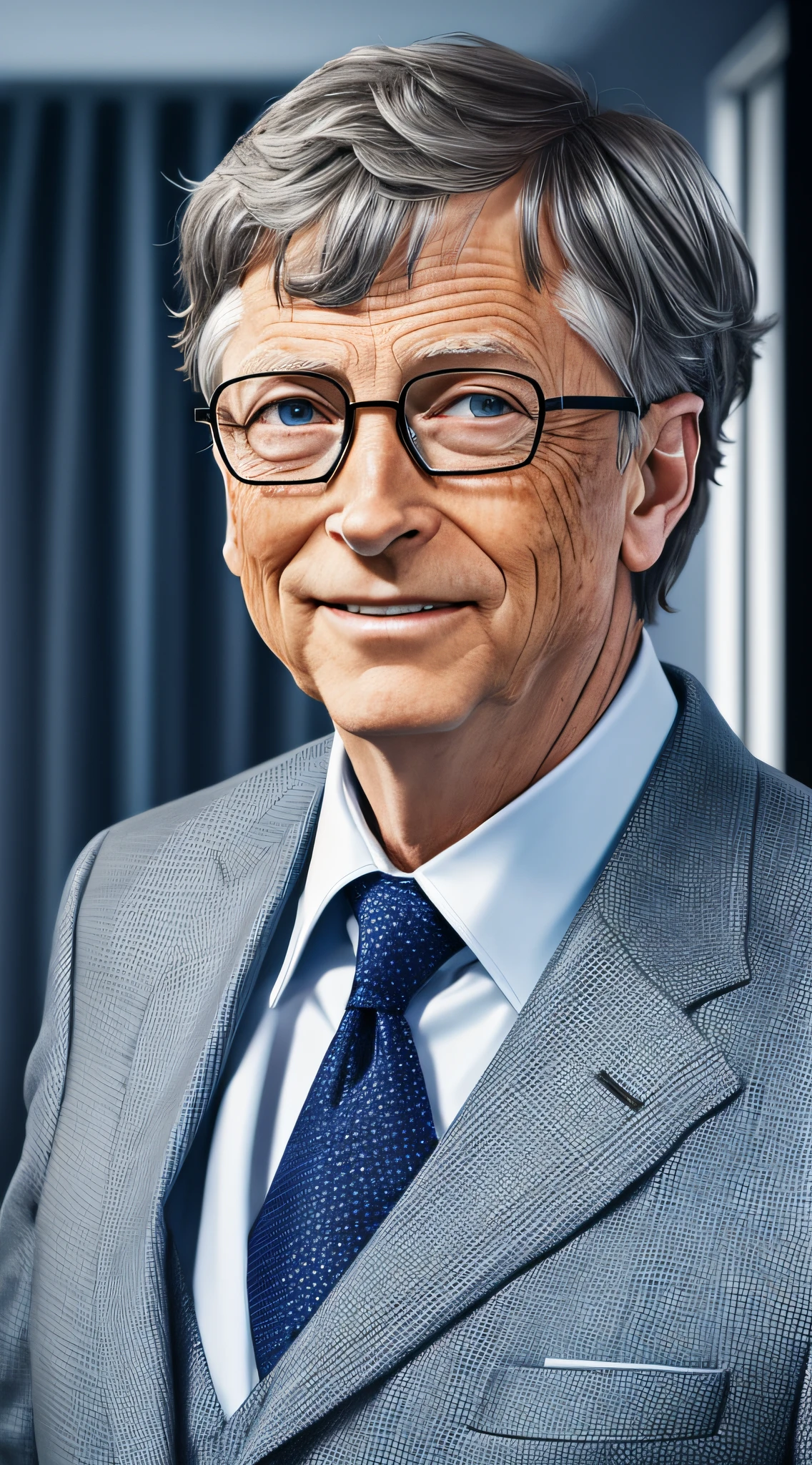 1man, Bill Gates, very silver hair, navy suit, no wrinkles, smile, confident, convincing, front look, portrait, 4k, high-res, best quality, cinematic lighting --auto --s2