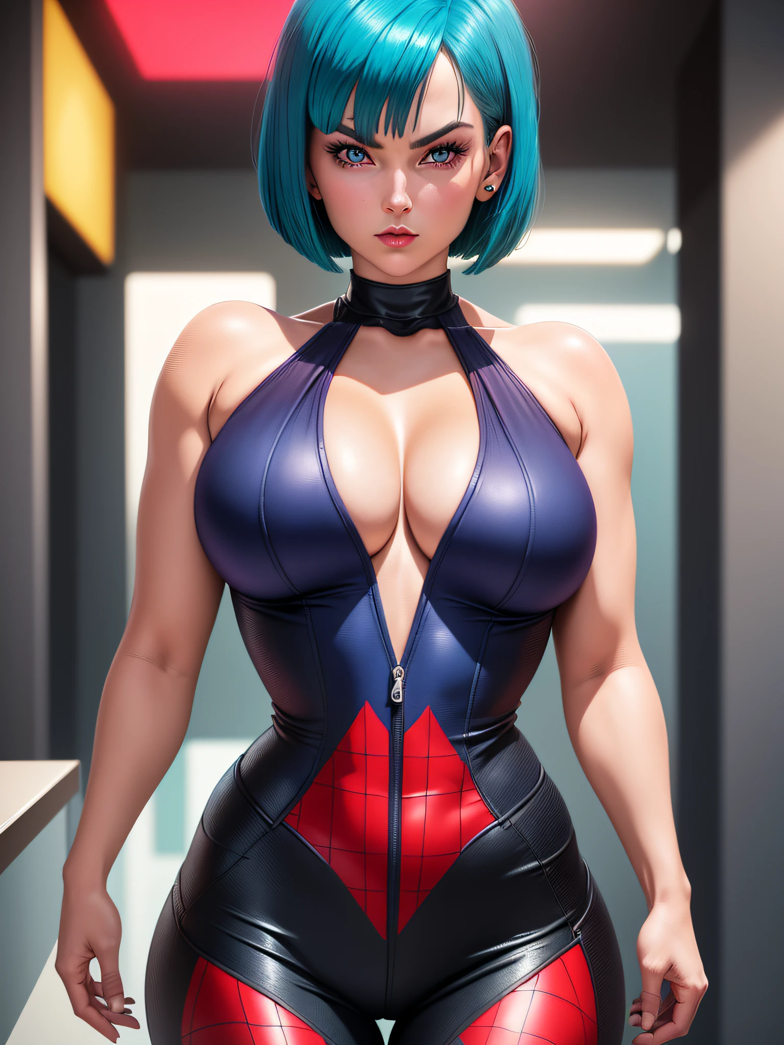 portrait closeup lone (buruma_brief_older Buruma_DBZ_Buu)1.4, (cleavage large_breasts, stylish bob haircut)1.2 (dressed as BlackWidow)1.2, standing, front view, (high detailed skin:1.2)(realistic pupils,realistic iris:1), 8k, aqua_hair