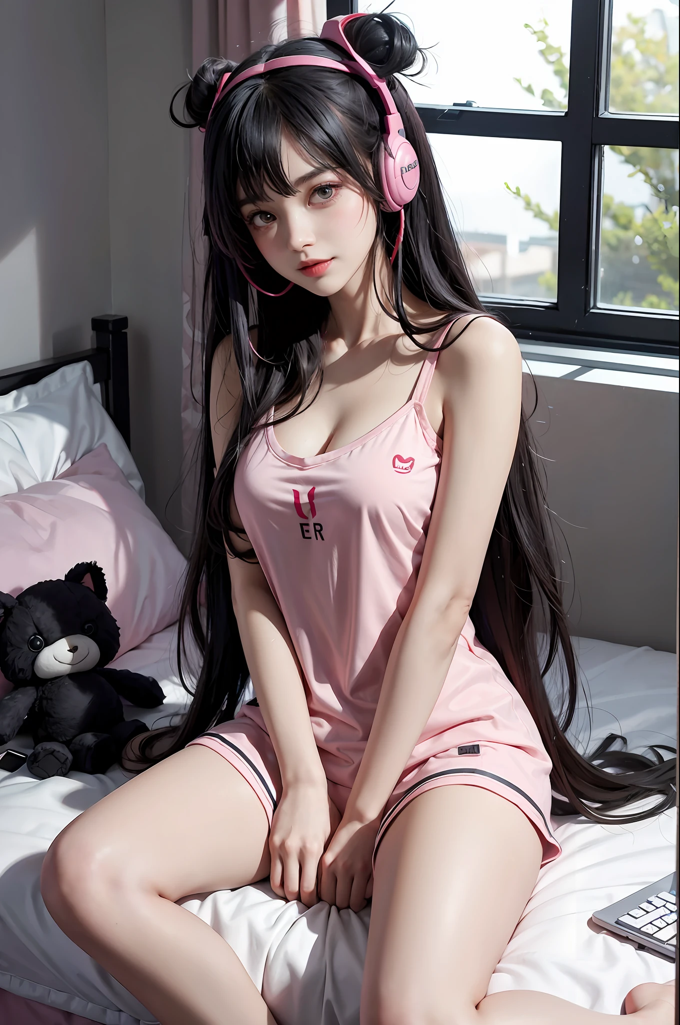 1 girl, esports girl, computer, headphones, fluffy loose cartoon pajamas, smile, sitting on sofa, black hair, red bangs, hair dye, starry eyes, character focus, messy bedroom, teenage bedroom, pink room, stuffed toy, bed, window, Tyndall effect