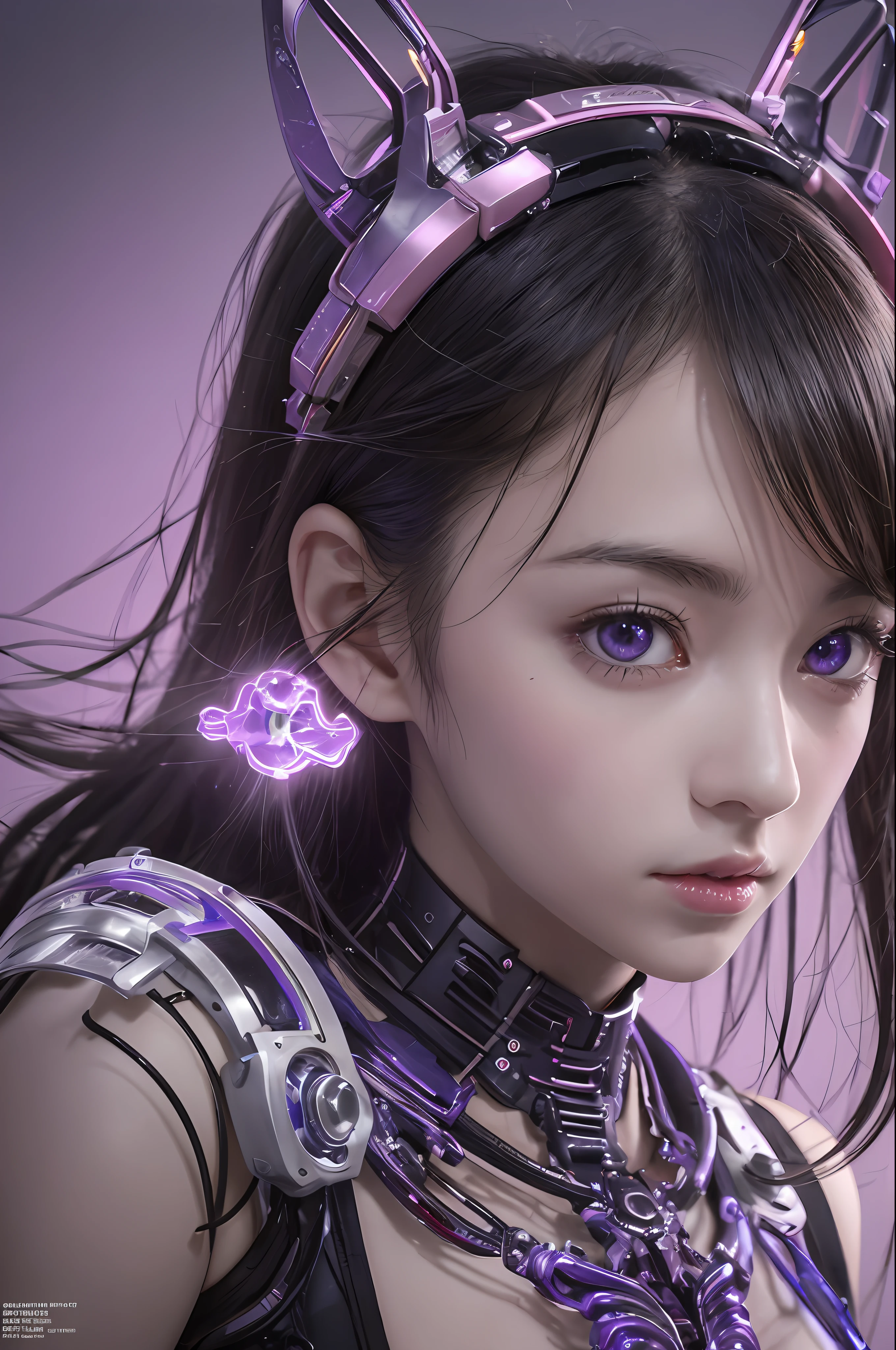Top Quality, Masterpiece, Ultra High Resolution, (Photorealistic: 1.4), Raw Photo, 1 Girl, Black Hair, Glossy Skin, 1 Mechanical Girl, (Ultra Realistic Detail)), Portrait, Global Illumination, Shadows, Octane Rendering, 8K, Ultra Sharp, Big, Cleavage Exposed Raw Skin, Metal, Intricate Ornament Details, Japan Details, Very intricate details, realistic light, CGSoation trend, purple eyes, glowing eyes, facing the camera, neon details, mechanical limbs, blood vessels connected to the tube, mechanical vertebrae attached to the back, mechanical cervical attachment to the neck, sitting, wires and cables connecting to the head, gundam, small LED lamps,