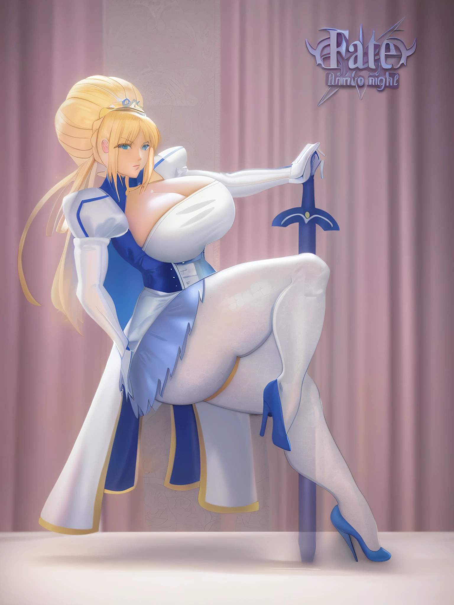 a cartoon picture of a woman in a blue dress and heels, anime barbie in white stockings, commission for high res, sfw version, artoria pendragon, game art!!, bara, blonde - haired princess, commission for, anime style like fate/stay night, inspired by INO, female mage!, cel shaded!!!, guilty gear art style, full res, artoria pendragon, thick thighs, thicc, oppai, oppai proportions, gogo dancer