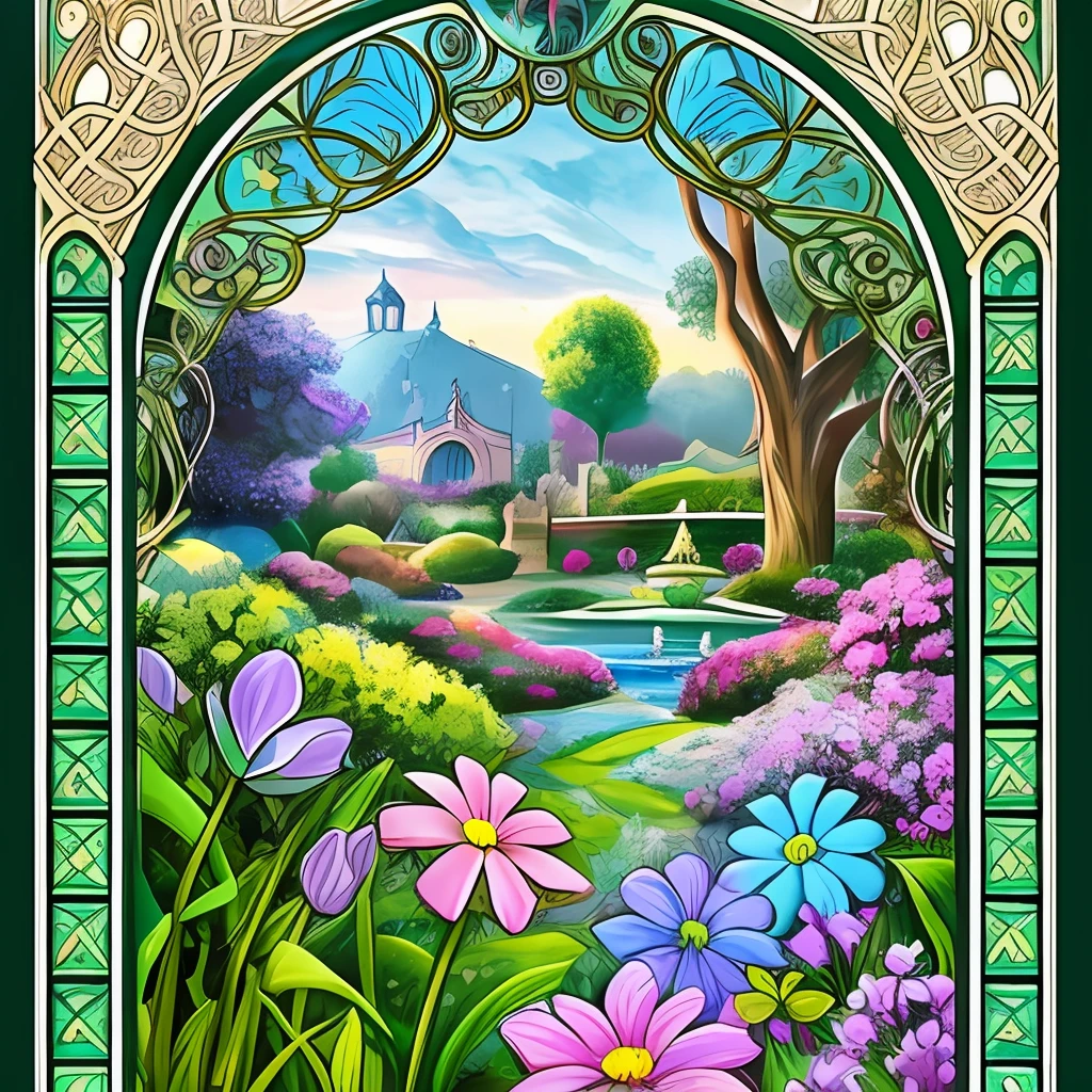 An enchanted garden, inspired by T-shirt design, with 32k quality, with Art Nouveau style, made with Pastel Colors, Captured by DSLR Camera, in a total and centralized frame, with maximum detail and a wide view of the masterpiece. --auto --s2