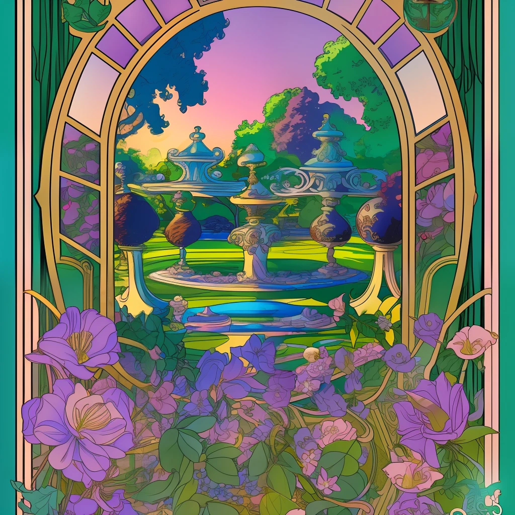 An enchanted garden, inspired by T-shirt design, with 32k quality, with Art Nouveau style, made with Pastel Colors, Captured by DSLR Camera, in a total and centralized frame, with maximum detail and a wide view of the masterpiece.