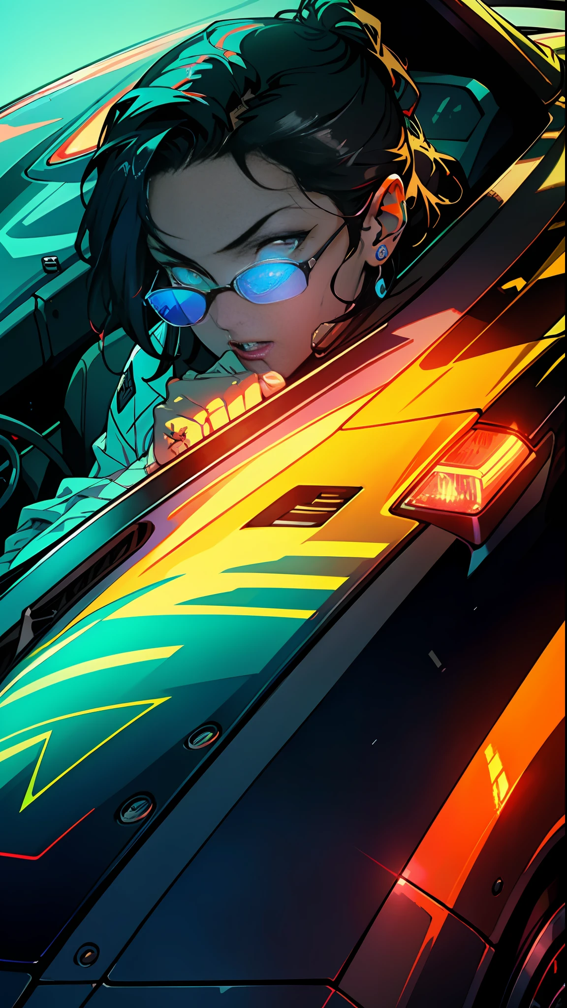 Sports Car, cool, full color, multicolor, artful, top detail, super quality, fine details, glare, neon lights,