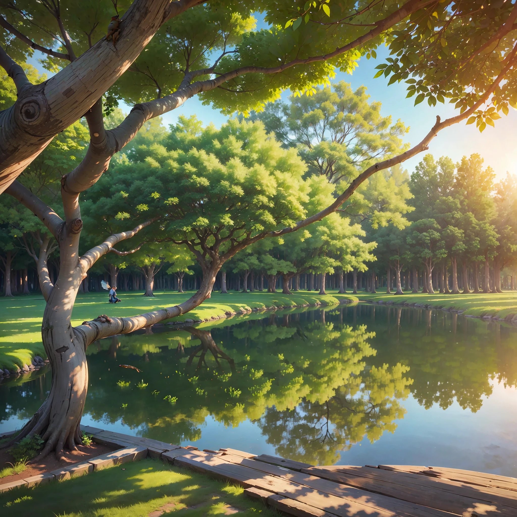(((comics))), ((8K)), ((1080P)), high precision, deep next to large ponds, tree shadows, one (little cicada: 1.2), tall, dense (banyan tree: 1.3), bright colors, shimmering sunset afterglow. --auto --s2