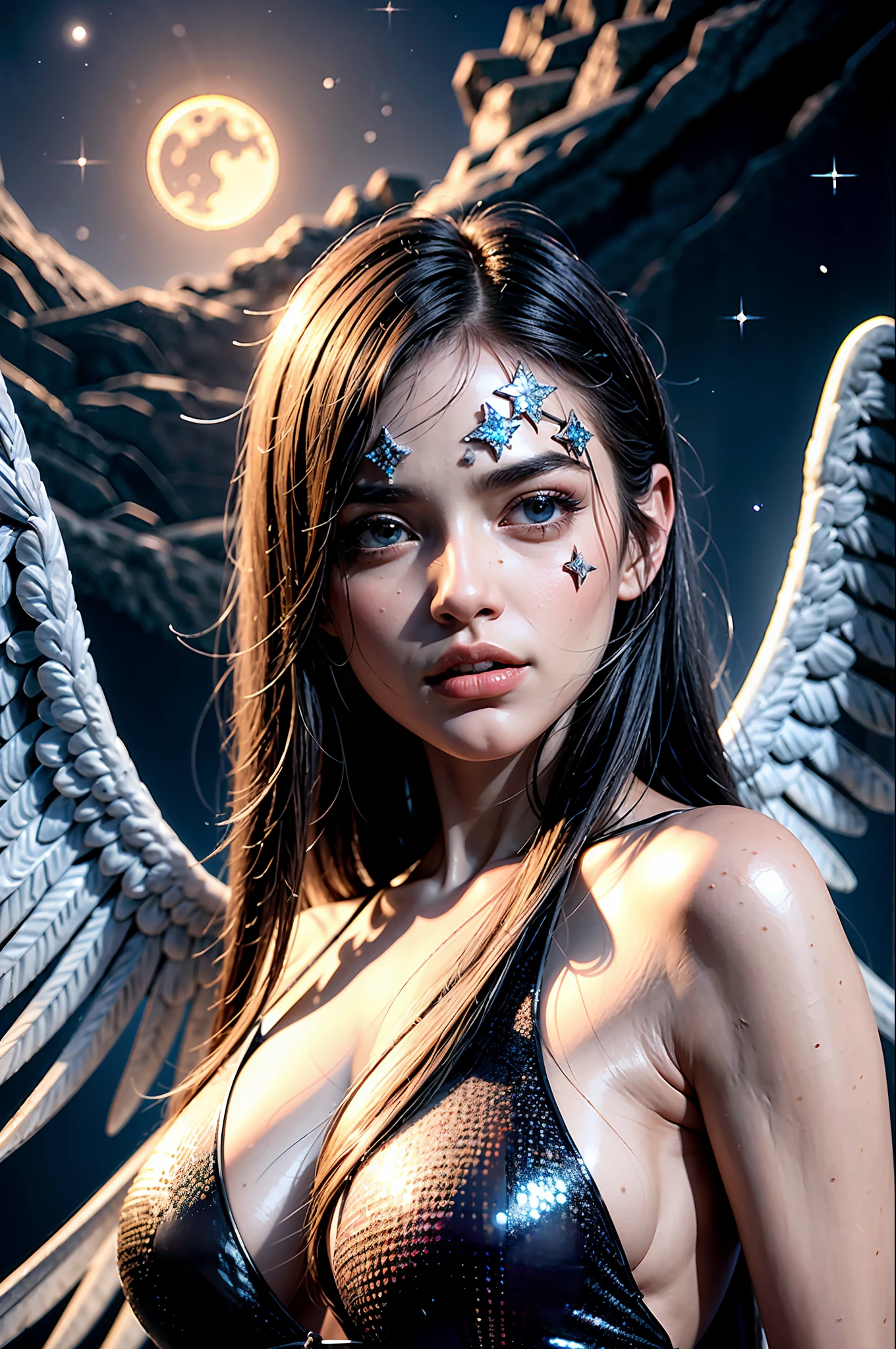 (Masterpiece), (Best Quality:1.4), Absurdity, [:Complex Details:0.2], Angel, Angel Wings, Milky Way, Sky, Sparkling Aura, Intense Focus, Crackling Energy, Mystical Symbol, Sparkling Motte,Lightning Halo,Having Four Beautiful White Large Wings ,Moon, Nebula, Shooting stars, wearing a beautiful white dress, ultra beautiful detailed eyes, Precise iris depiction,looking at the viewer with a calm and goddess-like happiness, 
,hyper detailed face, complex, perfect, model,  textured, chiaroscuro, professional make-up, realistic, rough, dominating, figure in frame, Super beautiful background drawn by WLOP, cinematic lighting, stars, night, fireflies, near a lake, ethereal,