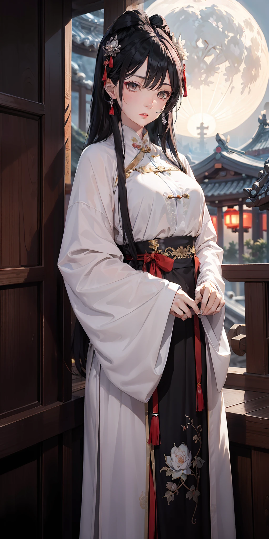 Masterpiece, Superb Product, Night, Full Moon, 1 Woman, Mature Woman, Chinese Style, Ancient China, Sister, Royal Sister, Cold Face, Expressionless, Silver-White Long-Haired Woman, Calm, Intellectual, Three Bands, Gray Eyes, Assassin, Big Long Knife