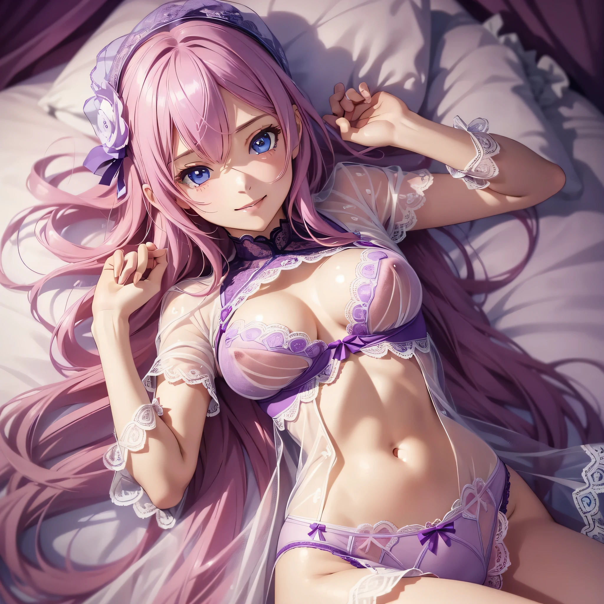 (1 girl), (Solo: 2.0), photorealistic, ultra-fine illustration, beautiful charming anime girl, super detail, smile, beautiful blue eyes, beautiful proportions, Megurine luka, pink hair, gentle look, seductive anime girl, full body, bed, ((pale purple very fine lace underwear with see-through)),