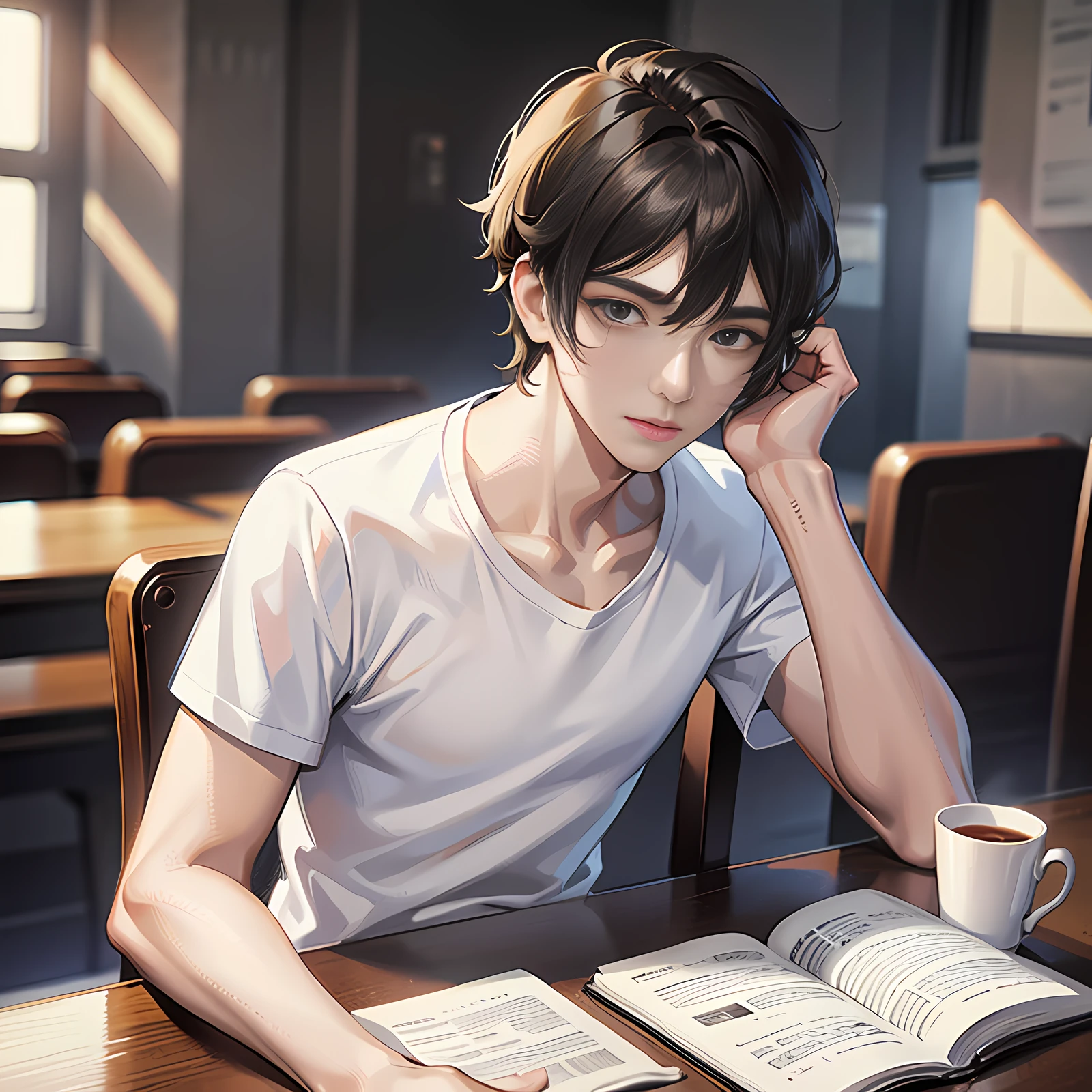 In the courthouse, there is a handsome boy sitting, short black hair, white T-shirt with short sleeves, super detailed, 4k, super detailed