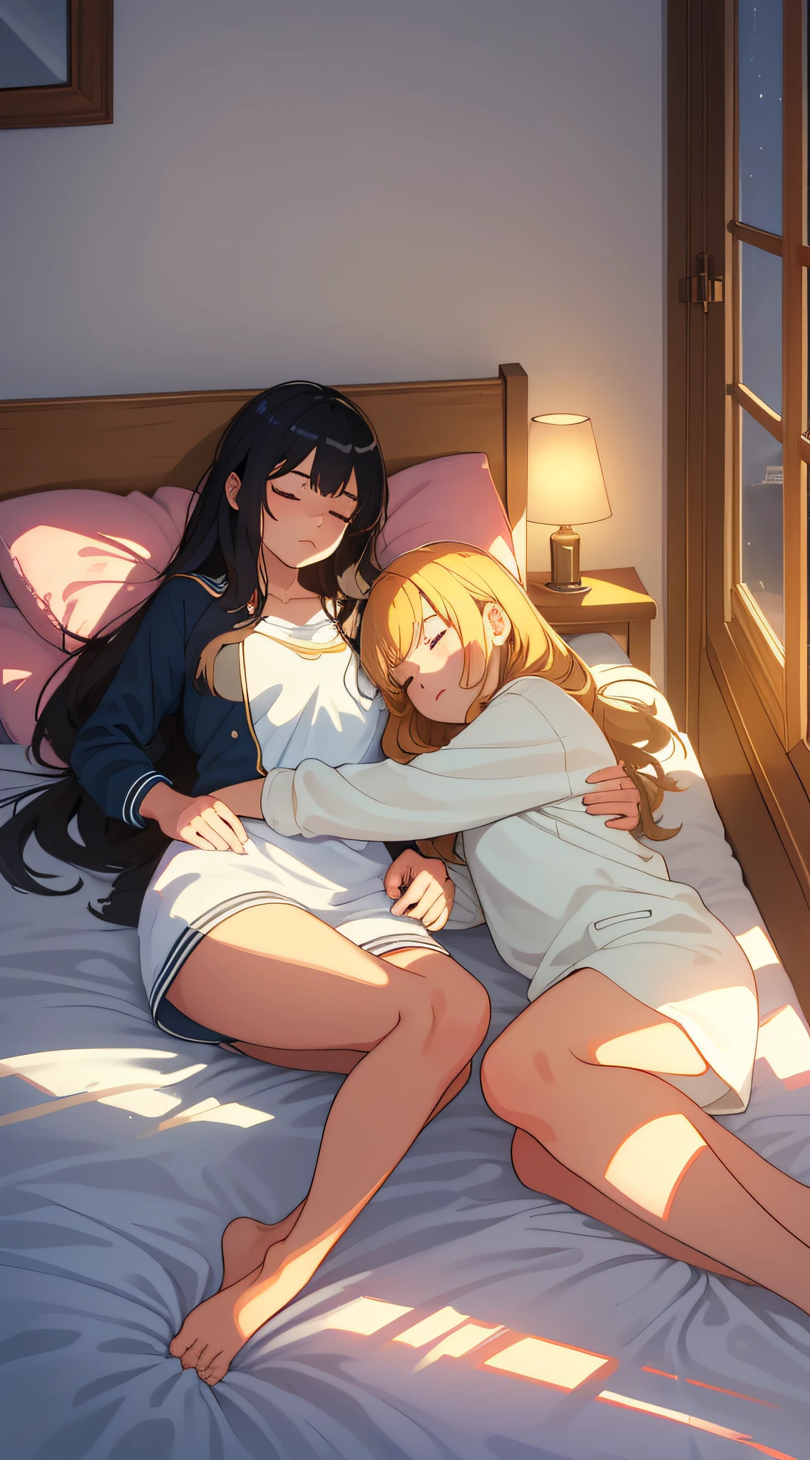 A cozy bedroom, bright sunlight spilling on the bed, (2 girls), lazy and comfortable sleeping position, hazy light and shadow, soft natural light to create a comfortable atmosphere, emotional warmth, full of youthful atmosphere.