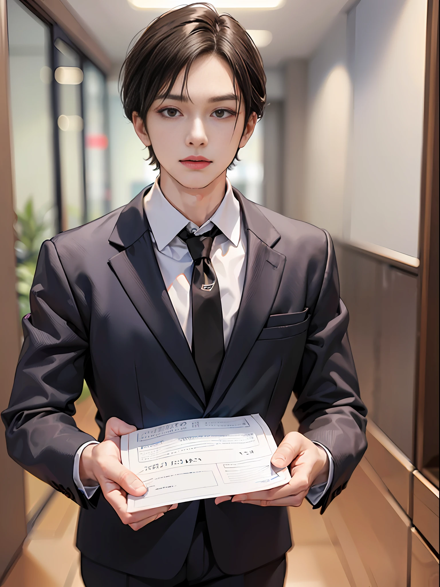 (A young man standing in a conference room with a diagnostic report in his hand: 1.9) (May indicate a medical or health-related condition: 1.8) (serious and concerned expression on the student's face: 1.7) (Professional and formal atmosphere in the conference room: 1.8) (Potential significance of an ongoing meeting or discussion: 1.7)