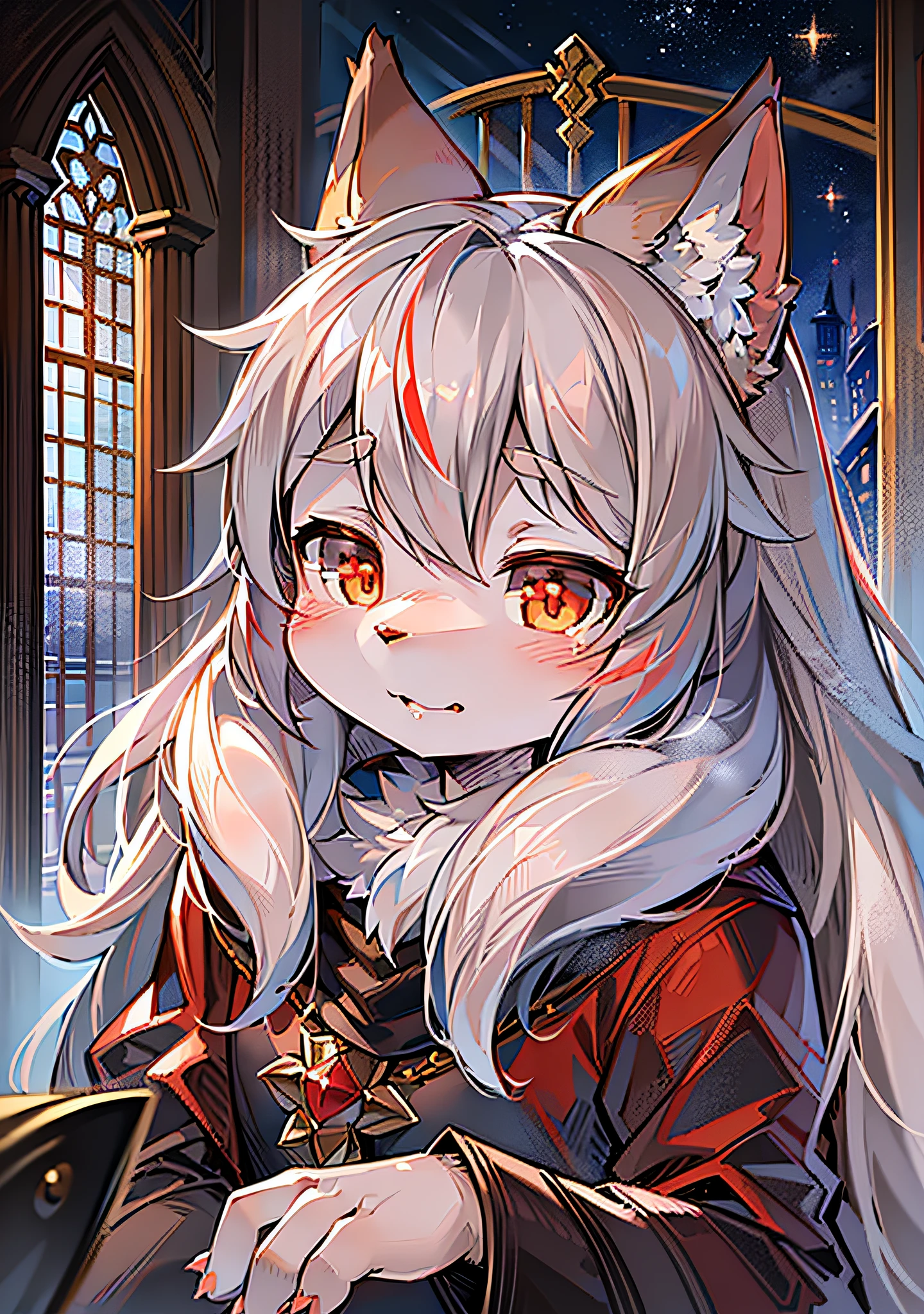 (Dark Environment: 0.8), Masterpiece, High Quality, Abstract Res, Digital Painting\(artwork\), by Dagasi, Yupa, Kiyosan, (Anthro, Fluffy Fur, Character Focus: 1.1), Anthro Female Cat, Long Hair, portrait , furry_kemono,cute,fancy,fragile,cool,handsome. detailed_fluffy_fur,tuft,(white_fur,body_fur,oil_skin,skin_with_fluffy_fur:1.3),animal_nose,animal_ear_fluff,fluffy_paws,pawpads,animal_hand,fluffy_big_tail。 Bright eyes, panorama, character focus. (Background: 0.7), Solo, Furry, Furry Female, Female Focus, Anthor, (Full Body Fur, Fluffy Tail, White Fur, Red Eyes, Gray Hair: 1.2), (Long Canids, Cloak: 1.2), (Interior, Night, Castle: 1.1)