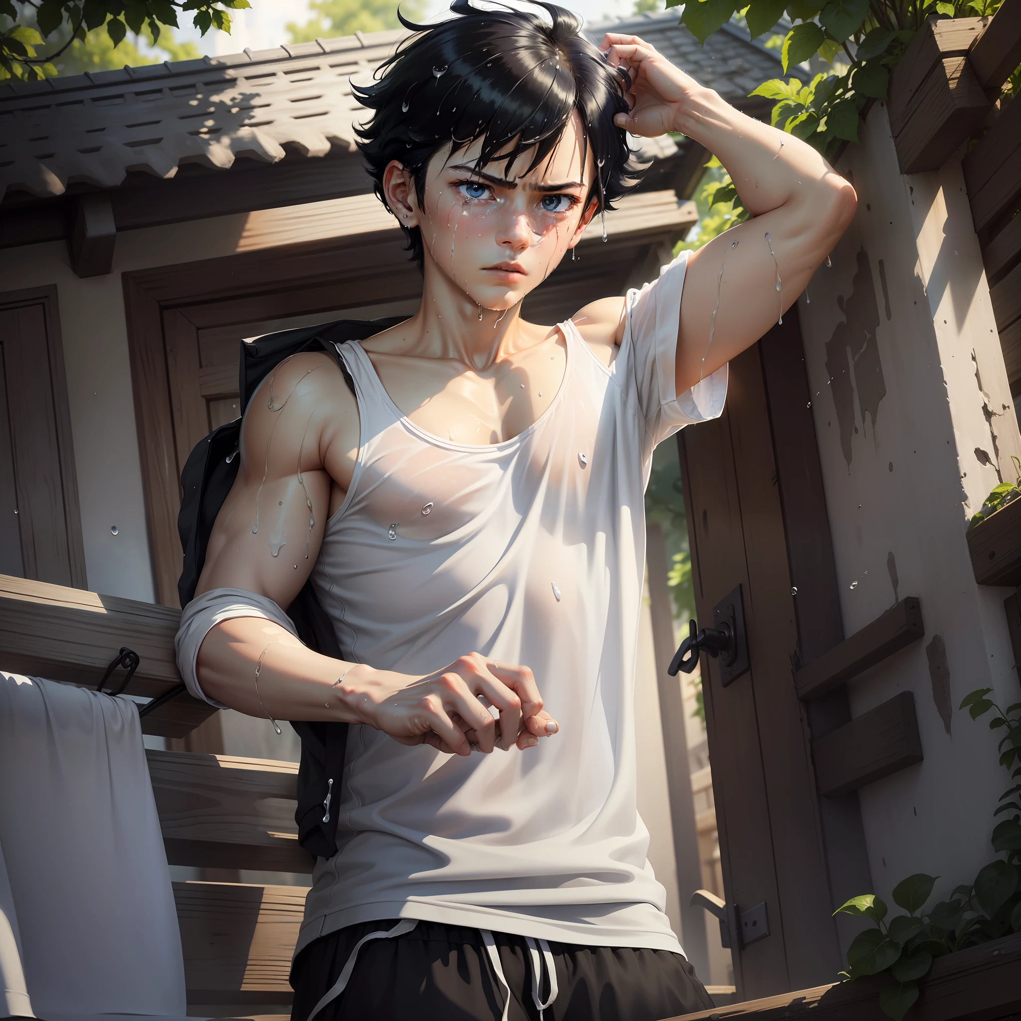 best quality, masterpiece, ultra resolution, (fidelity:1.4), photo, 1 boy, [(sad)], white shirt, dim, darkness, despair, pity, pity, pitiful, movie, tears, teardrops, (torn clothes: 1.5), (wet clothes: 1.4), bare shoulders, real rain, wet hair,..