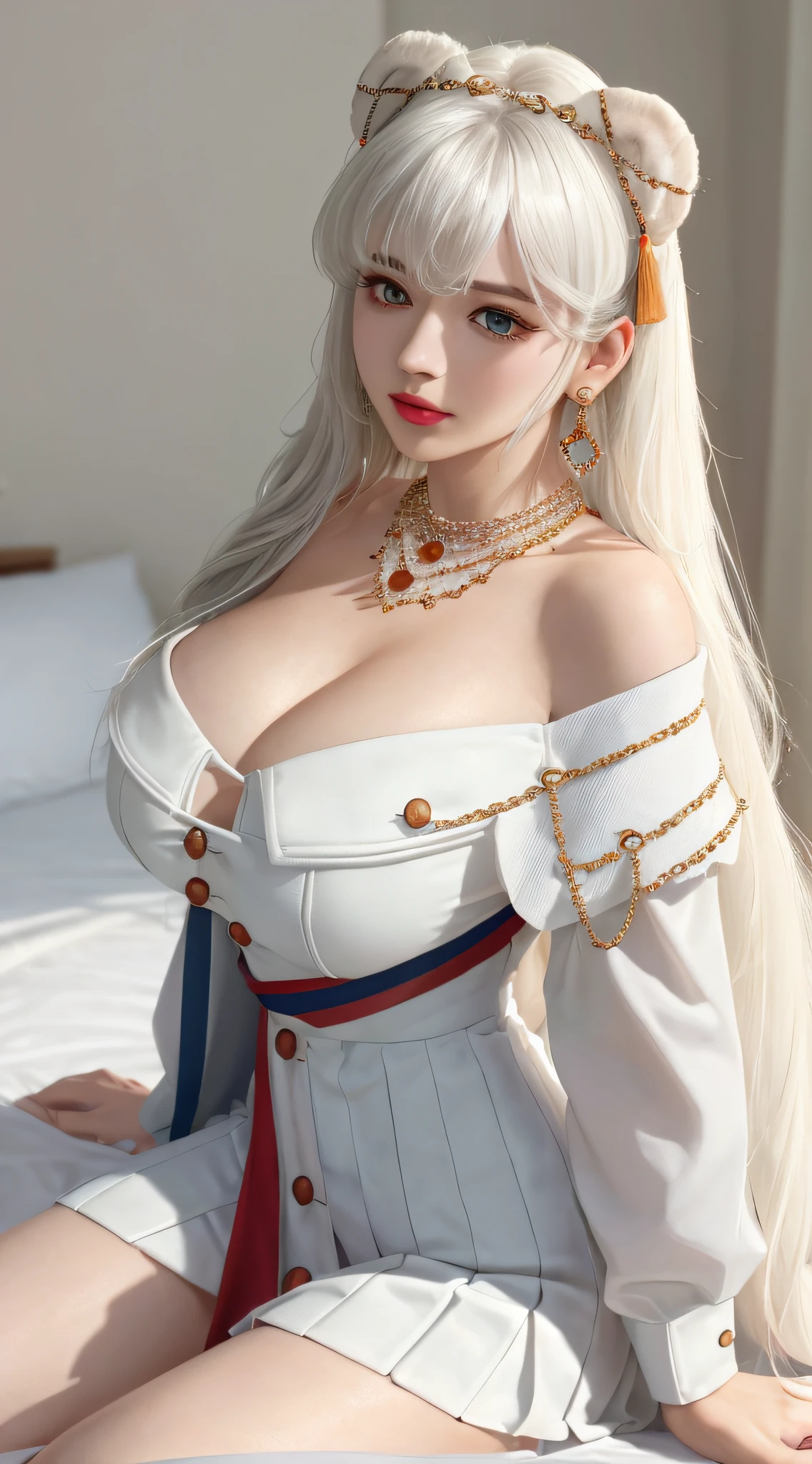 laying on bed, aroused, necklace, earrings, full body, long white hair, uniform, uniform off shoulder, superb, ultra-high-definition, RAW photo, realism: 1.25), (bright lip gloss, long eyelashes, smooth face, bright skin, natural shadows, wide light, wide light, depth of field, strong colors, subtle caustics: 0.8), (big tits), v6