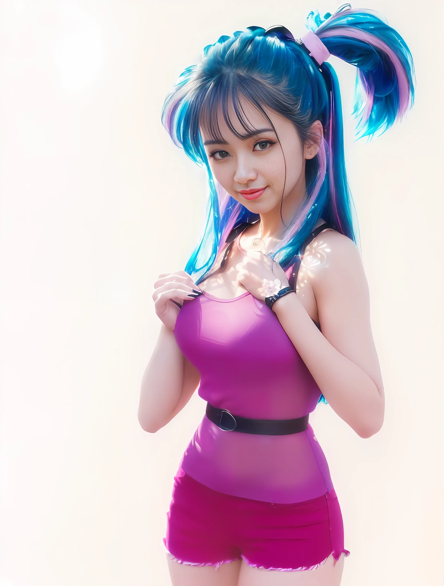 Ultra HD wallpaper, extreme detail, (realistic: 1.2), ((best quality)), ((ultra-detailed), (cute detailed face:1.2), {{highly detailed face}}, beautiful and aesthetic, 1girl, (masterpiece: 1.4), glowing skin, strong edge light, strong shadow, SIGMA 35mm F1.4, ISO 200 shutter speed 2000, Photorealism, {photorealistic}, photogenic, Illustration, Girl, detailed manga illustration, fine, high resolution, life-life portrait, mature sexy woman, smiling at the camera, confident, height 170cm, ((beautiful detail lighting))), detailed face depiction, Beautiful detailed eyes, full body photo, white background, hair coiled, pure dark blue hair, black eyes, pink tights sexy t shirt, big breasts, half exposed breasts, hot figure, dark red denim shorts, black thick belt