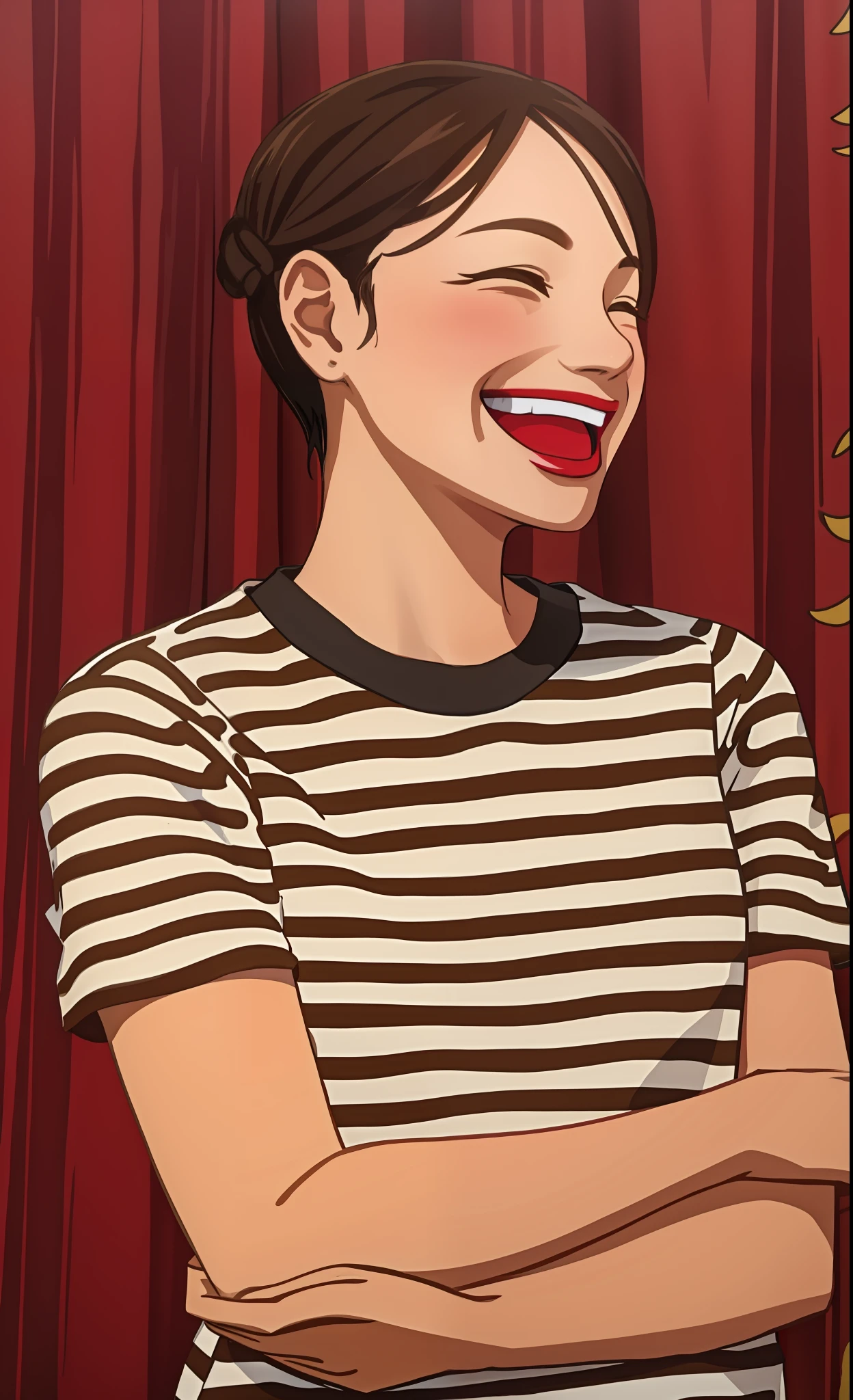 There was a woman standing in front of the red curtain, laughing