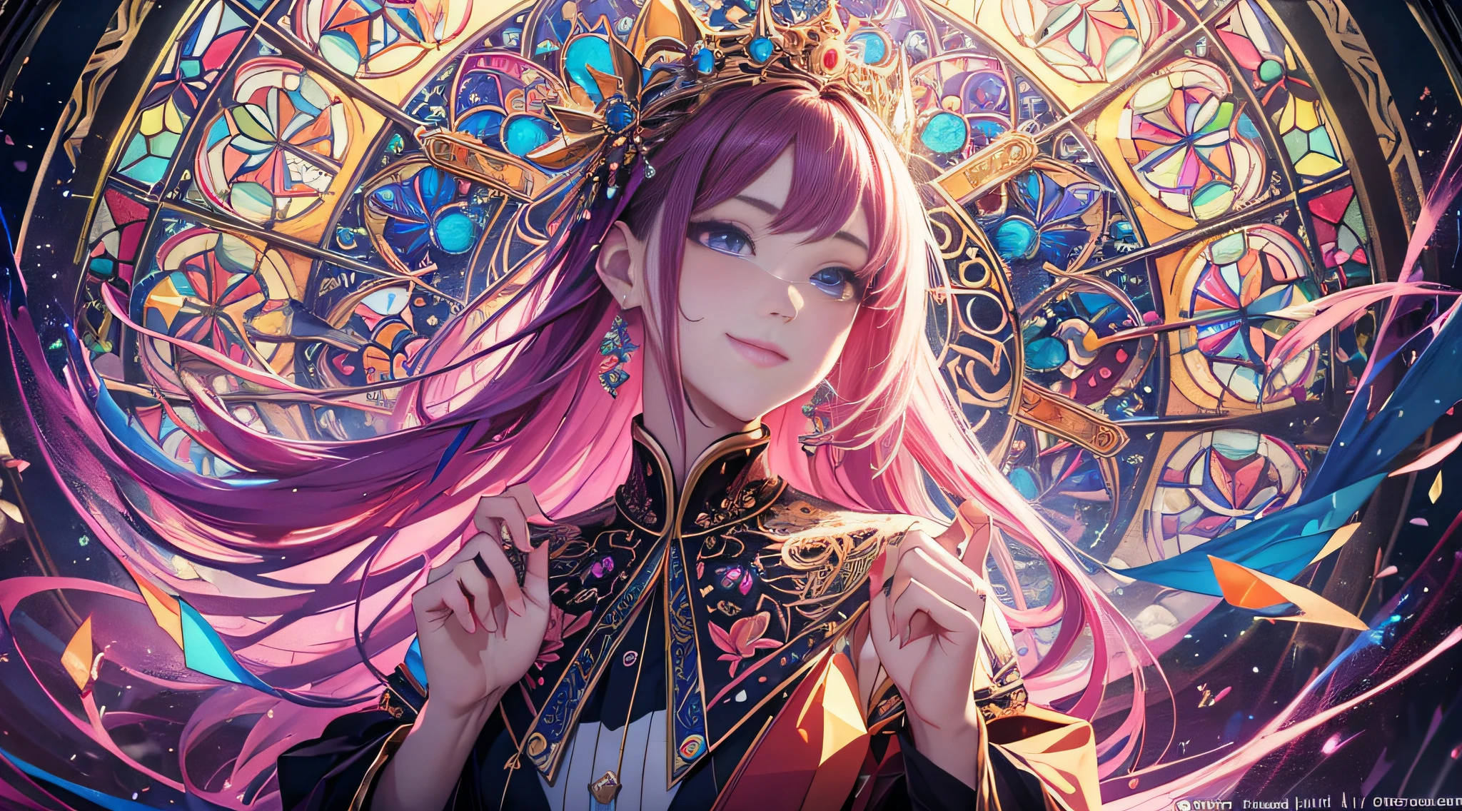 Masterpiece, best quality,young beautiful girl, ultra detailed, official art,unity 8k wallpaper,
Smirk,红色和蓝色,
stained glass, (radiant colors):1.2,
bold outlines, intricate patterns,
glowing light, captivating details,
timeless artistry