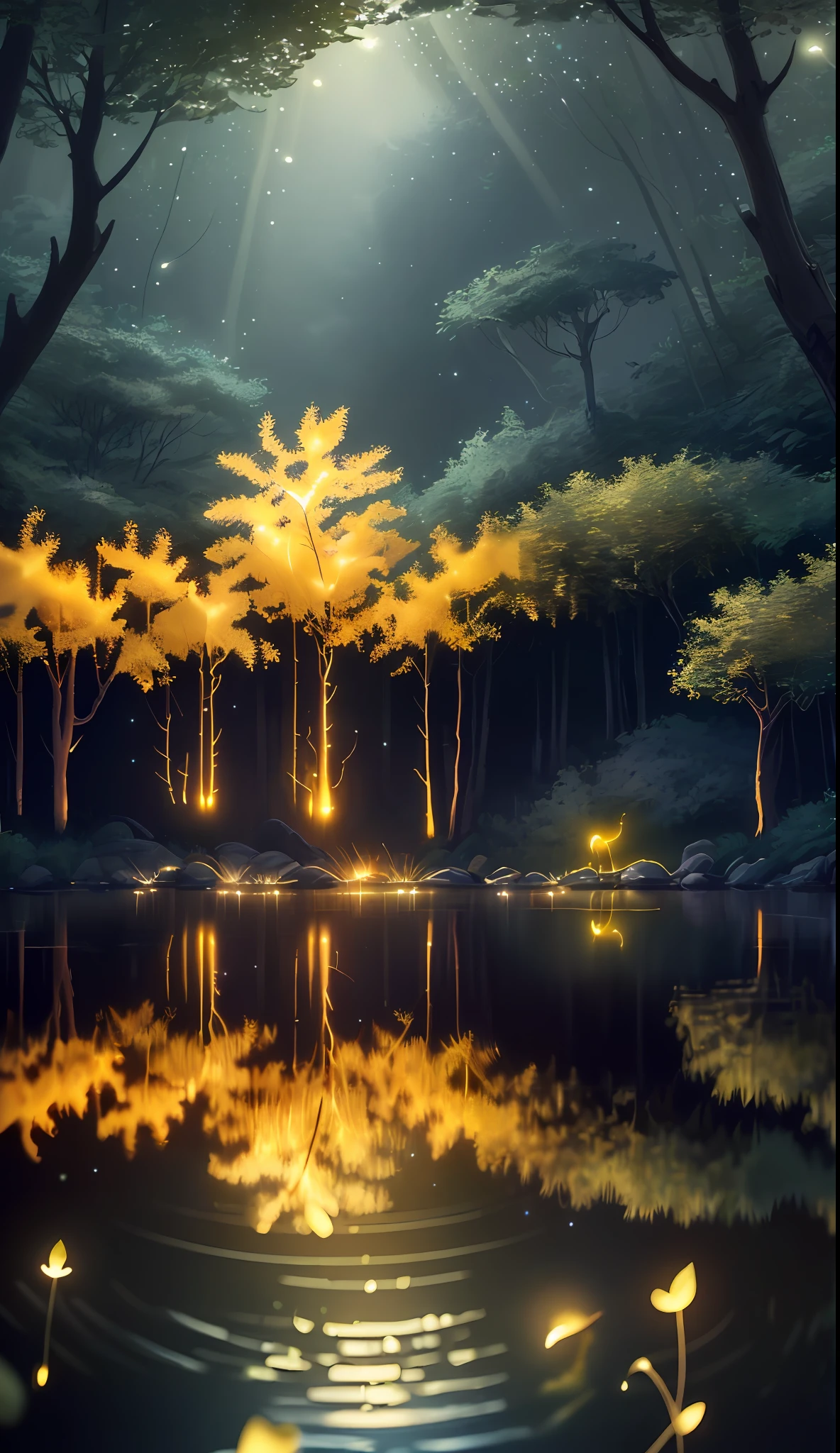 A painting of a forest with a lake and trees at night - SeaArt AI
