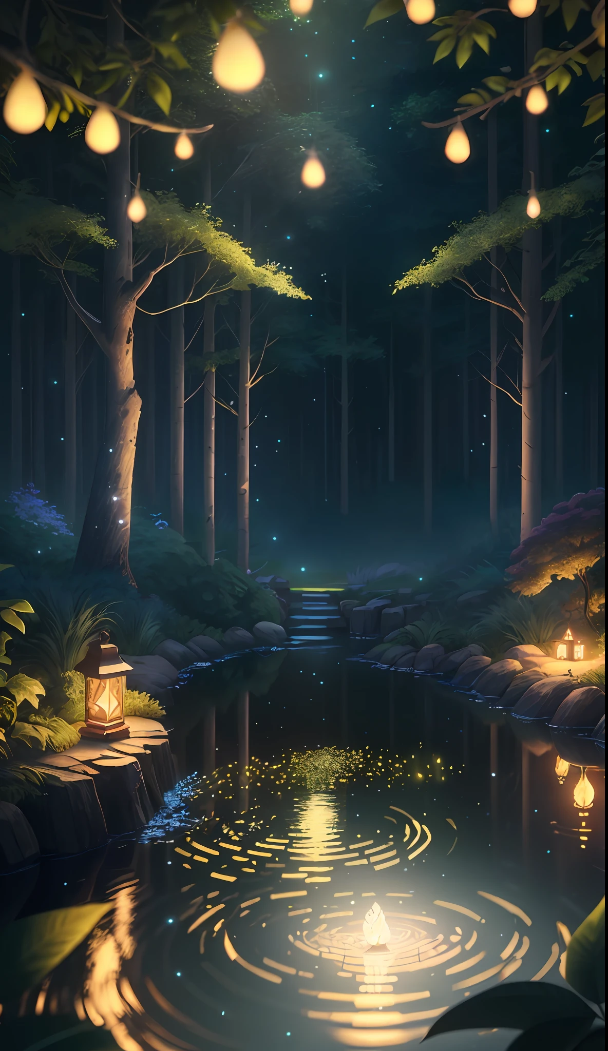 Masterpiece, best quality, (very detailed CG unity 8k wallpaper), (best quality), (best illustration), (best shadows), glow sprite, with a glowing deer, in the swimming pool Drinking water, natural elements in the forest theme. Mysterious forest, beautiful forest, nature, surrounded by flowers, delicate leaves and branches surrounded by fireflies (natural elements), (jungle theme), (leaves), (twigs), (fireflies), (particle effects) etc. 3D , Octane rendering, ray tracing, super detailed