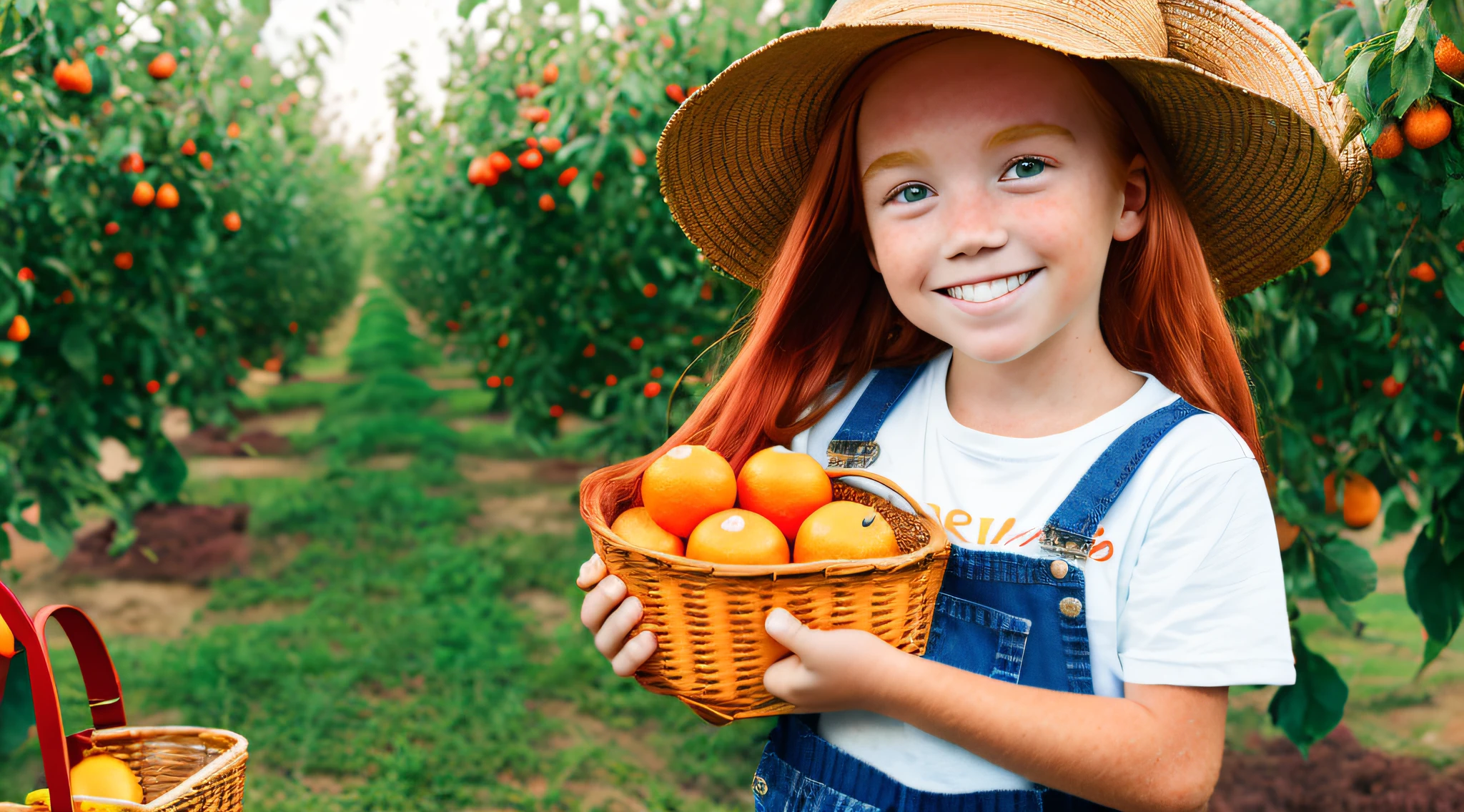 A high-resolution photo of a closeup of a RED-haired child girl with long hair, in jeans overalls, white T-shirt, loose farmer's hat, looking at the camera, standing in the field of (fruit trees), holding a basket of oranges