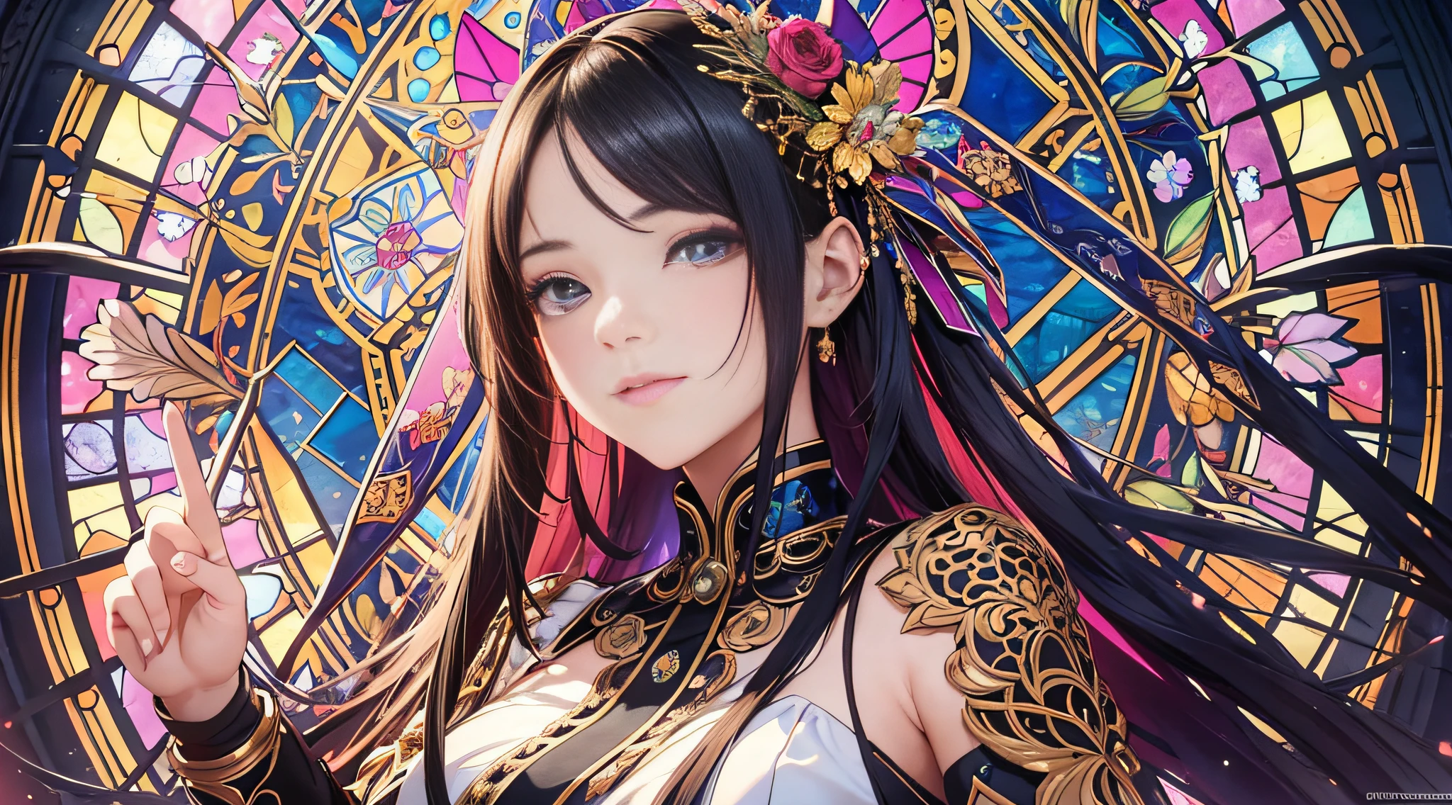 Masterpiece, best quality,young beautiful girl, ultra detailed, official art,unity 8k wallpaper, 
Smirk，红色和蓝色,

stained glass, (radiant colors):1.2,
bold outlines, intricate patterns,
glowing light, captivating details,
timeless artistry