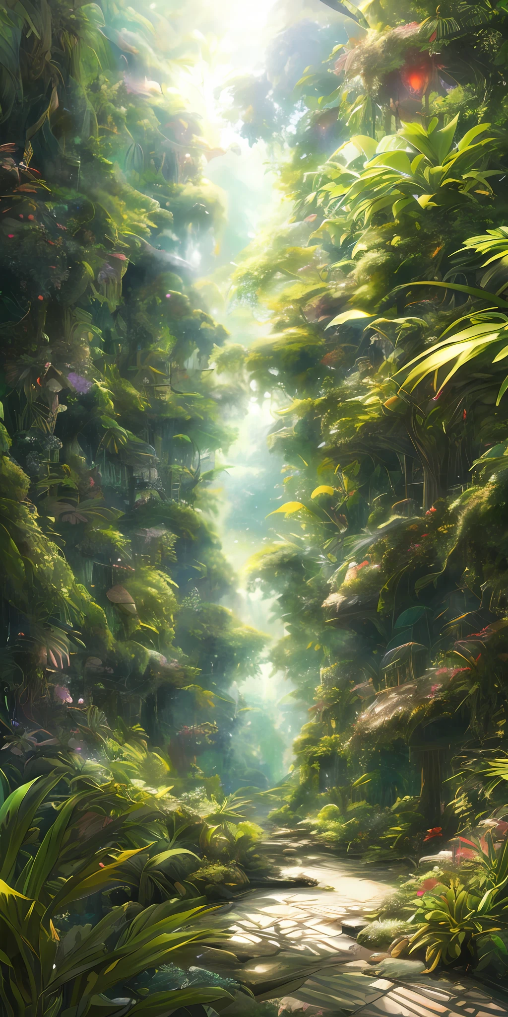 A detailed and intricate digital illustration of a dense jungle full of exotic flora and fauna, with sunlight filtering through the canopy creating a dappled effect. Yoshitaka Amano and Hayao Miyazaki's style, masterpieces, proportions, details, art station trends, beautiful lighting, realistic, intricate, award winning, 4k, highest quality award winning, 4K digital painting in the style of Yoshitaka Amano. A detailed and intricate depiction of the zombie apocalypse, masterfully capturing the chaos and drama of the scene. Beautiful lighting and cinematic composition make this piece a true masterpiece, trending on artstation