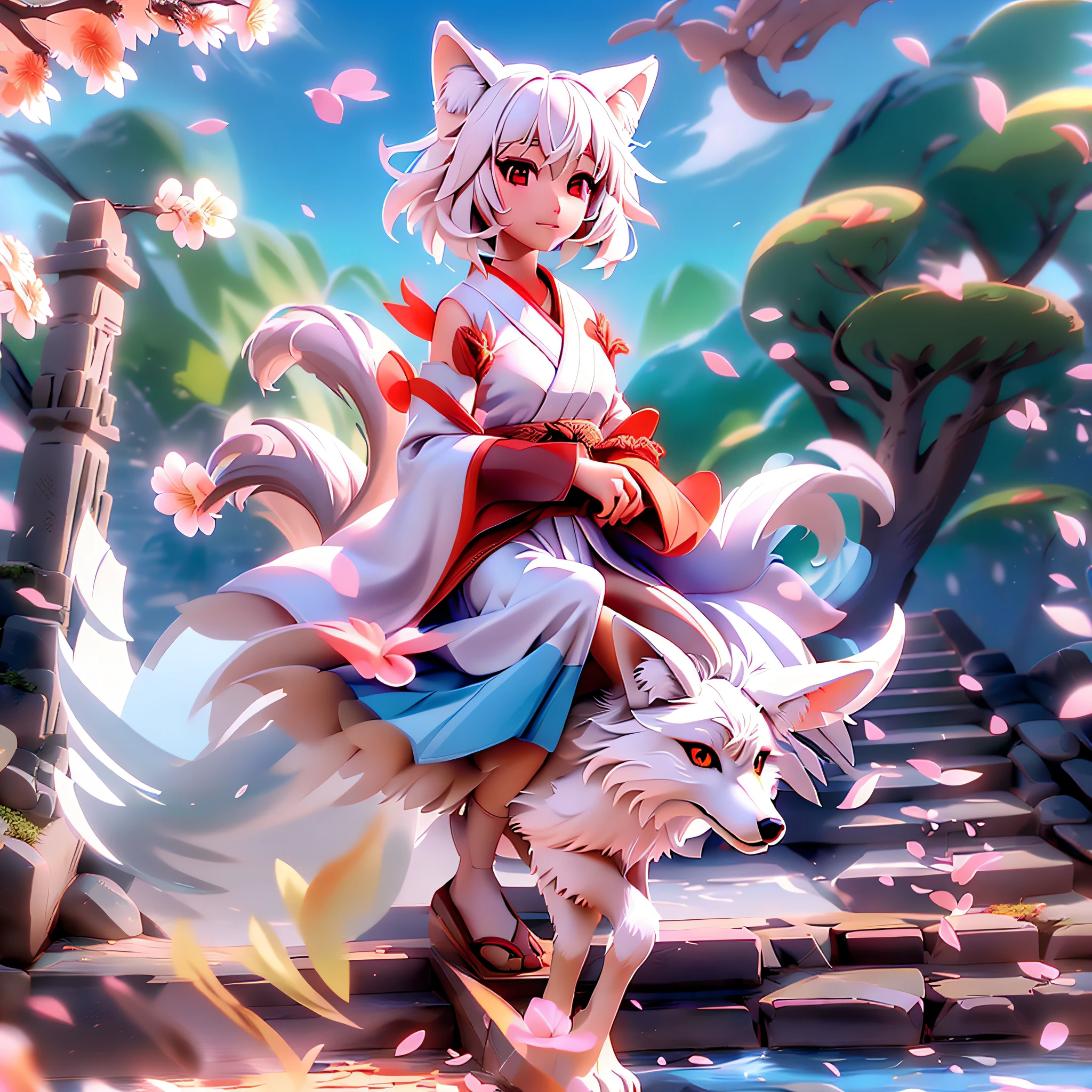 riding on a fox, fox girl, short hair, white hair, wolf ears, red eyes, detached long sleeves, white kimono, pleated miniskirt, fox tail, diffused sunlight, depth of field, light particles, strong wind,blue sky, shrine, stone stairs, falling flower petals, face focus