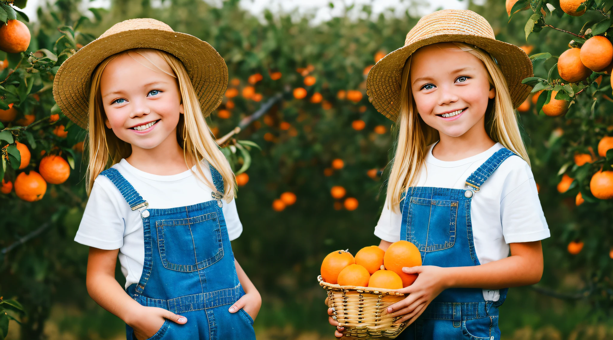 A high-resolution photo of a closeup of a BLONDE  girl with long hair, in denim overalls, white T-shirt, loose farmer's hat, looking at the camera, standing in the field of (fruit trees), holding a basket of oranges