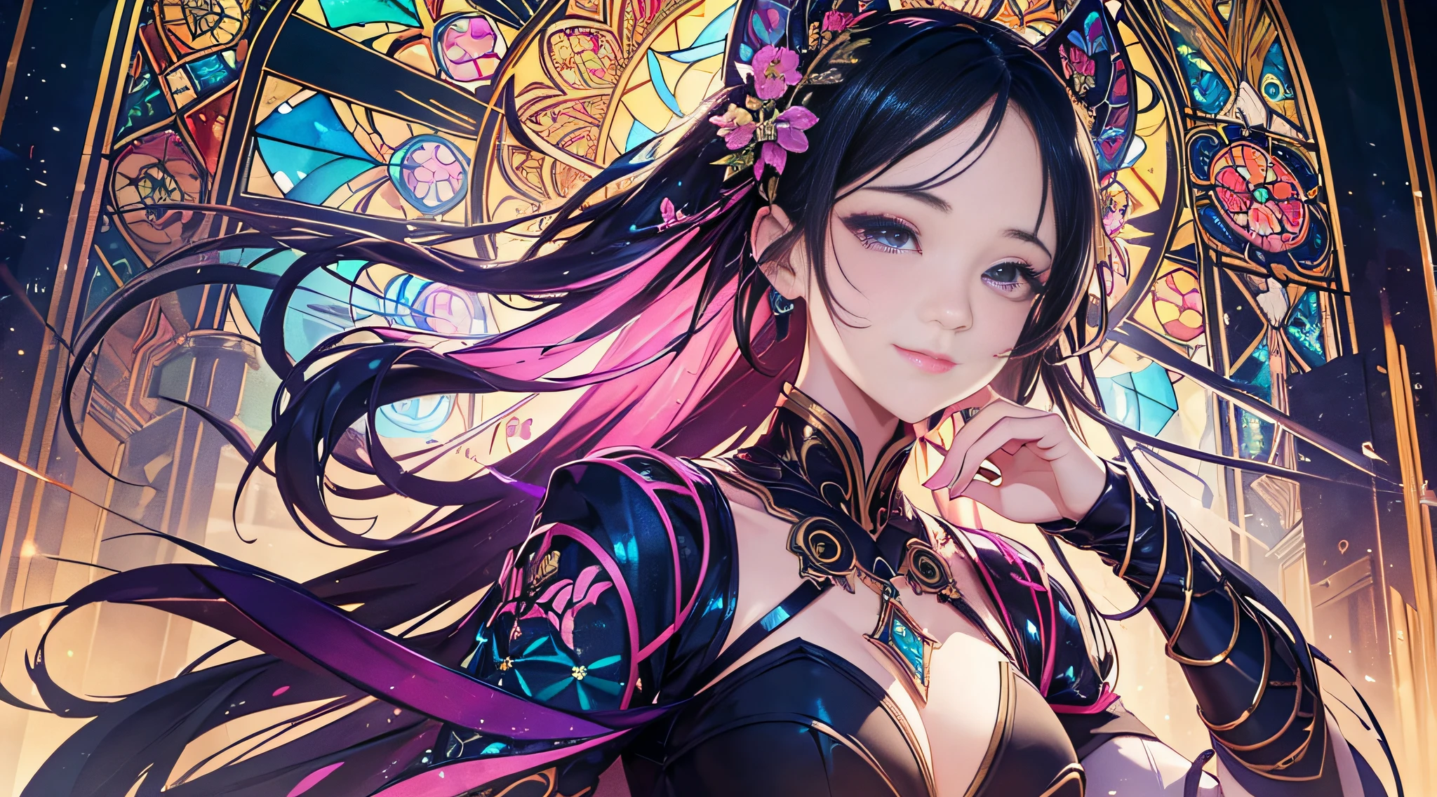 Masterpiece, best quality,young beautiful girl, ultra detailed, official art,unity 8k wallpaper, 
Smirk，红色和蓝色,

stained glass, (radiant colors):1.2,
bold outlines, intricate patterns,
glowing light, captivating details,
timeless artistry