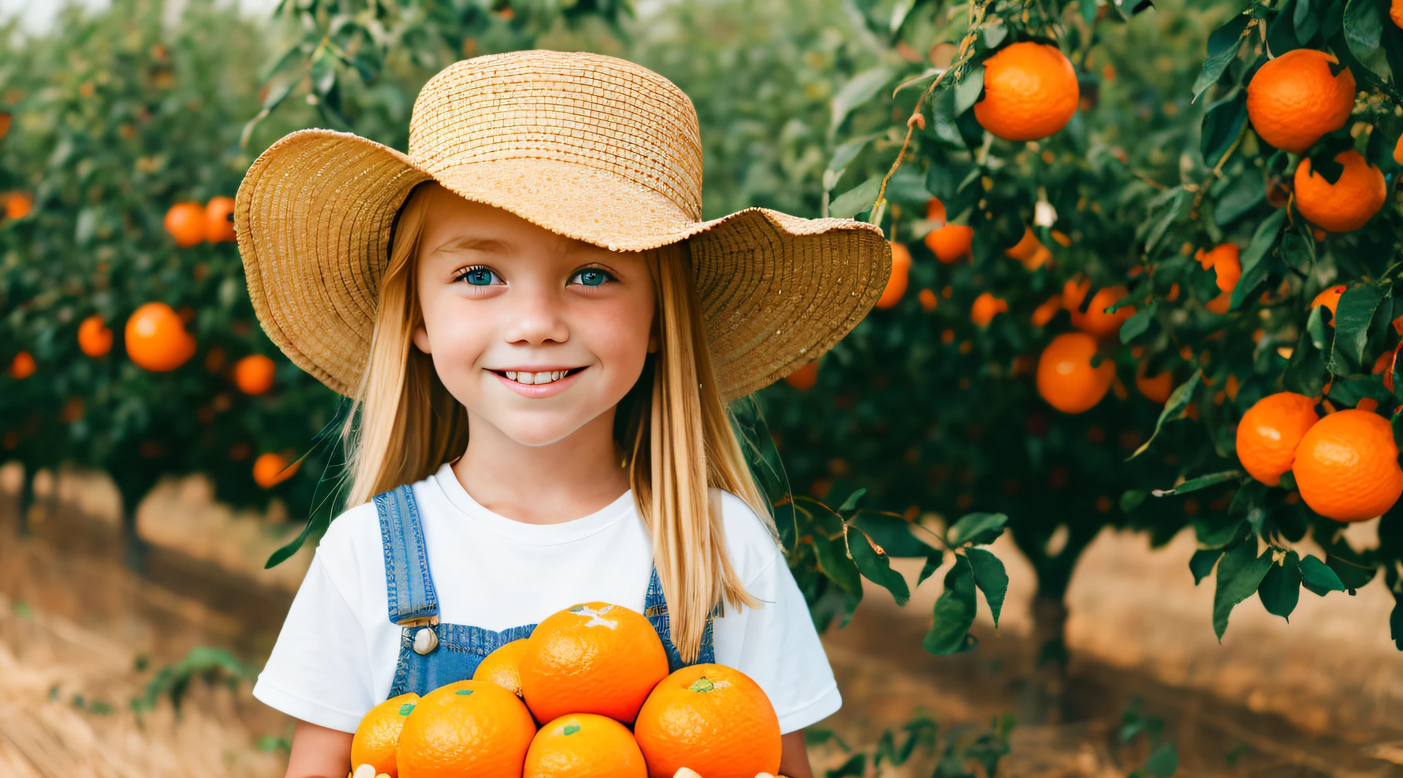 A high-resolution photo of a closeup of a BLONDE child girl with long hair, in denim overalls, white T-shirt, loose farmer's hat, looking at the camera, standing in the field of (fruit trees), holding a basket of oranges