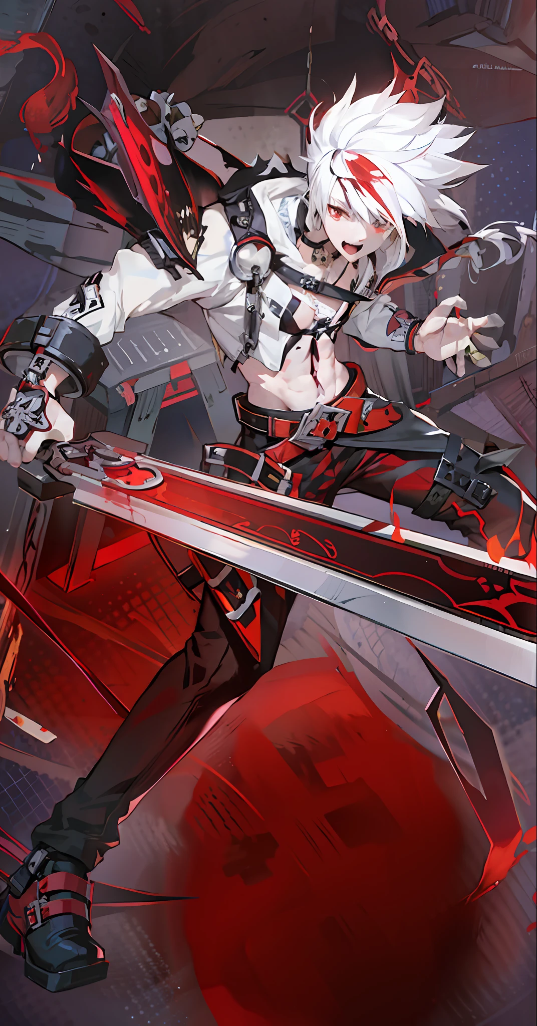 Anime characters with white hair and red eyes with swords, from Ark Night, Badass Anime 8 K, Guilty Gear Art Style, Guilty Gear Hard Splash Art, Detailed Key Anime Art, Demon Slayer Art Style, Wielding a Great Sword, Bloody + Concept Art, Gapmoe Yandere Grimdark, Pop on ArtStation Pixiv, Guilty Gear Art Director, [[Blood]]