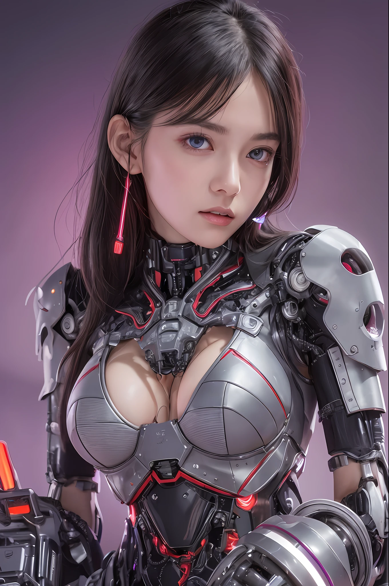 Top Quality, Masterpiece, Ultra High Resolution, (Photorealistic: 1.4), Raw Photo, 1 Girl, Black Hair, Glossy Skin, 1 Mechanical Girl, (Ultra Realistic Detail)), Portrait, Global Illumination, Shadows, Octane Rendering, 8K, Ultra Sharp, Big, Cleavage Exposed Raw Skin, Metal, Intricate Ornament Details, Japan Details, Very intricate details, realistic light, CGSoation trend, purple eyes, glowing eyes, facing the camera, neon details, mechanical limbs, blood vessels connected to the tube, mechanical vertebrae attached to the back, mechanical cervical attachment to the neck, sitting, wires and cables connecting to the head, gundam, small LED lamps,