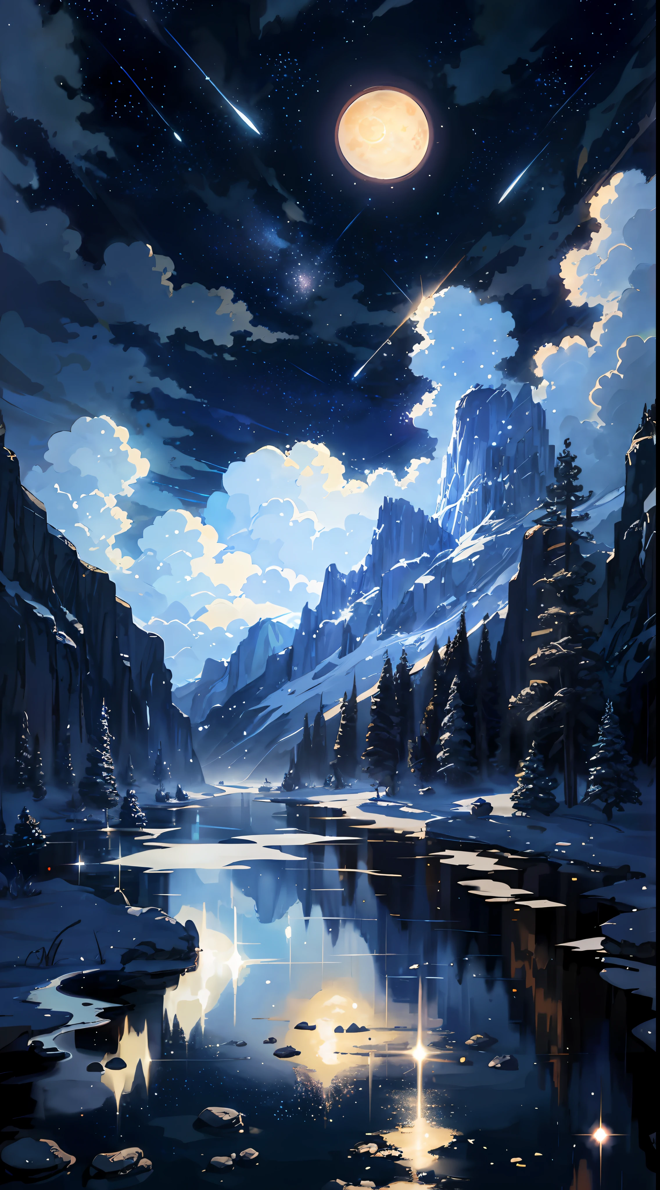 A painting of the river and the stars and the moon in the sky, with bright colors, by Makoto Shinkai. Concept art inspired by Tosa Mitsuoki, pixiv contest winner, best quality, fantasy art, beautiful anime scenes, golden moon. A bright moon, starry sky environment under the moonlight, dream painting, anime background art, fantasy landscape art, dreamy night, anime background, background artwork, dreamy art, atmospheric anime, starry sky, details enhanced.