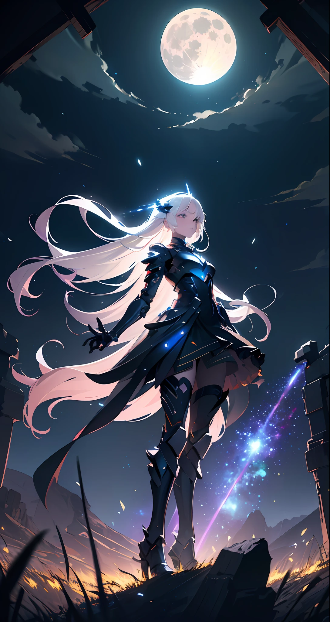 photos of vast landscapes, (view from below showing the sky above and open field below), female robot white hair, wearing white standing in a flower field looking up, (full moon:1.2), (shooting stars:0.9), (nebula:1.3), distant mountains, trees BREAK
 production art, (warm light source:1,2), (Fireflies:1,2), lamps, lots of purple and orange, intricate details, volumetric lighting BREAK
 (masterpiece:1.2), (best quality), 4K, very detailed, (dynamic composition:1.4), very detailed, colorful detail,( colorful color:1.2), (luminous lighting, atmospheric lighting), dreamy, magical, ( Solo:1.2)