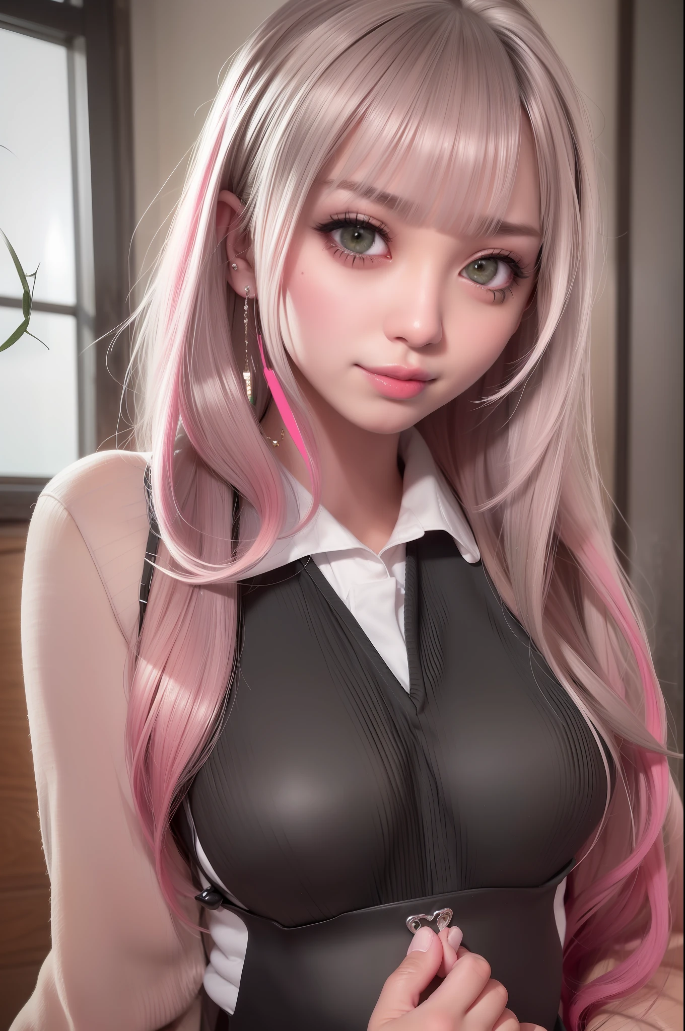 (((realistic))),(((photo realistic))),(((RAW photo))),(((photography))),extremely detailed CG,unity 8k wallpaper,caustics,super detailed skin,cinematic lighting,dynamic angle, strong light coming in,depth of field,((japanese)),((japanese girl)),((cute)),(beautiful),(pretty),(sexy),(medium hair), blunt bangs, (straight hair),(beautiful ash hair color:1.7), (colored inner hair:1.5),green eyes,(Pink lips),Multiple piercings,(Ear Body Piercing),necklace,GAL, sly face, (round face),black skin, gleaming skin, smile, (school uniform:1.5),