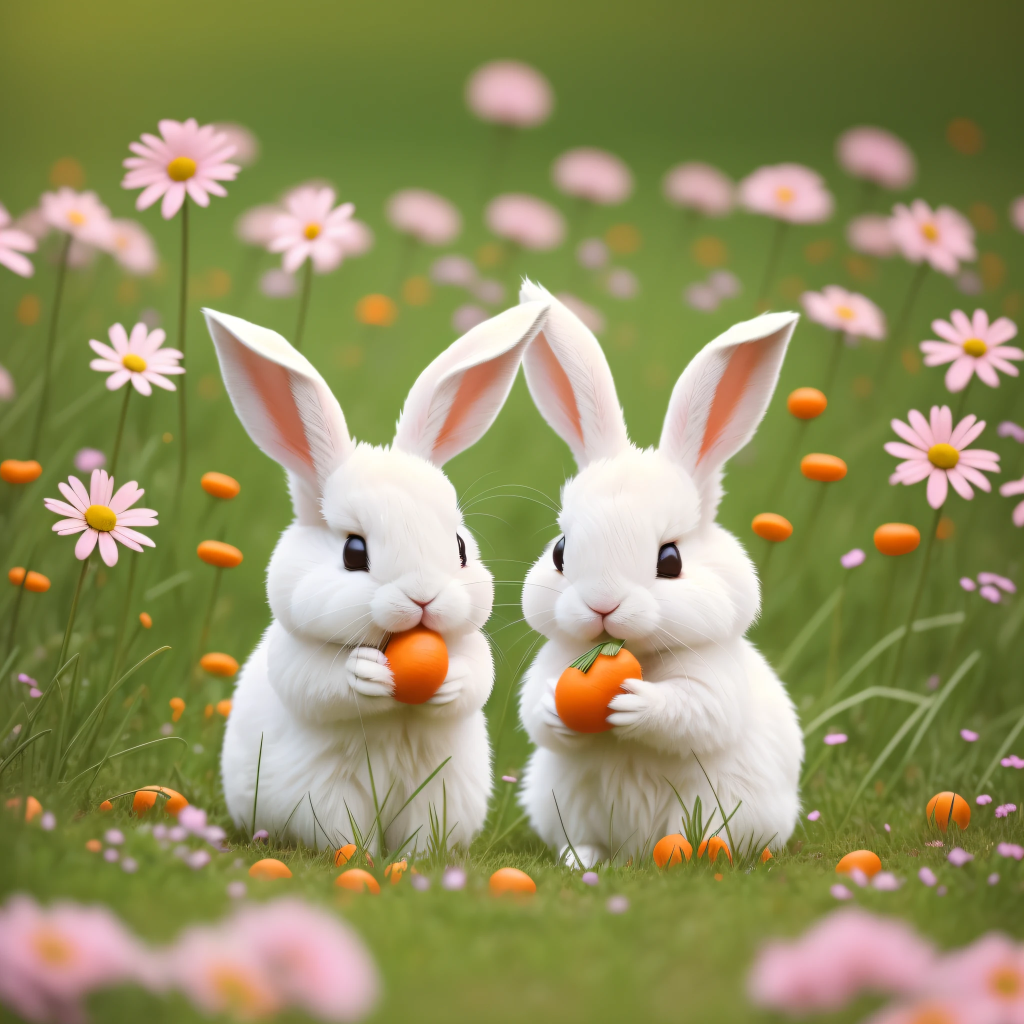 A adorable, fluffy bunny with big round eyes and long floppy ears. It's a white bunny with patches of pastel pink on its ears and cheeks. The bunny is sitting in a lush green meadow filled with colorful flowers, surrounded by a few other cute woodland creatures like squirrels and butterflies. The sun is shining brightly in the clear blue sky, casting a warm and gentle light. The bunny is happily munching on a bright orange carrot, with little carrot crumbs falling from its mouth. The overall scene is cheerful and vibrant, with a playful and lighthearted atmosphere. --style cute --auto --s2
