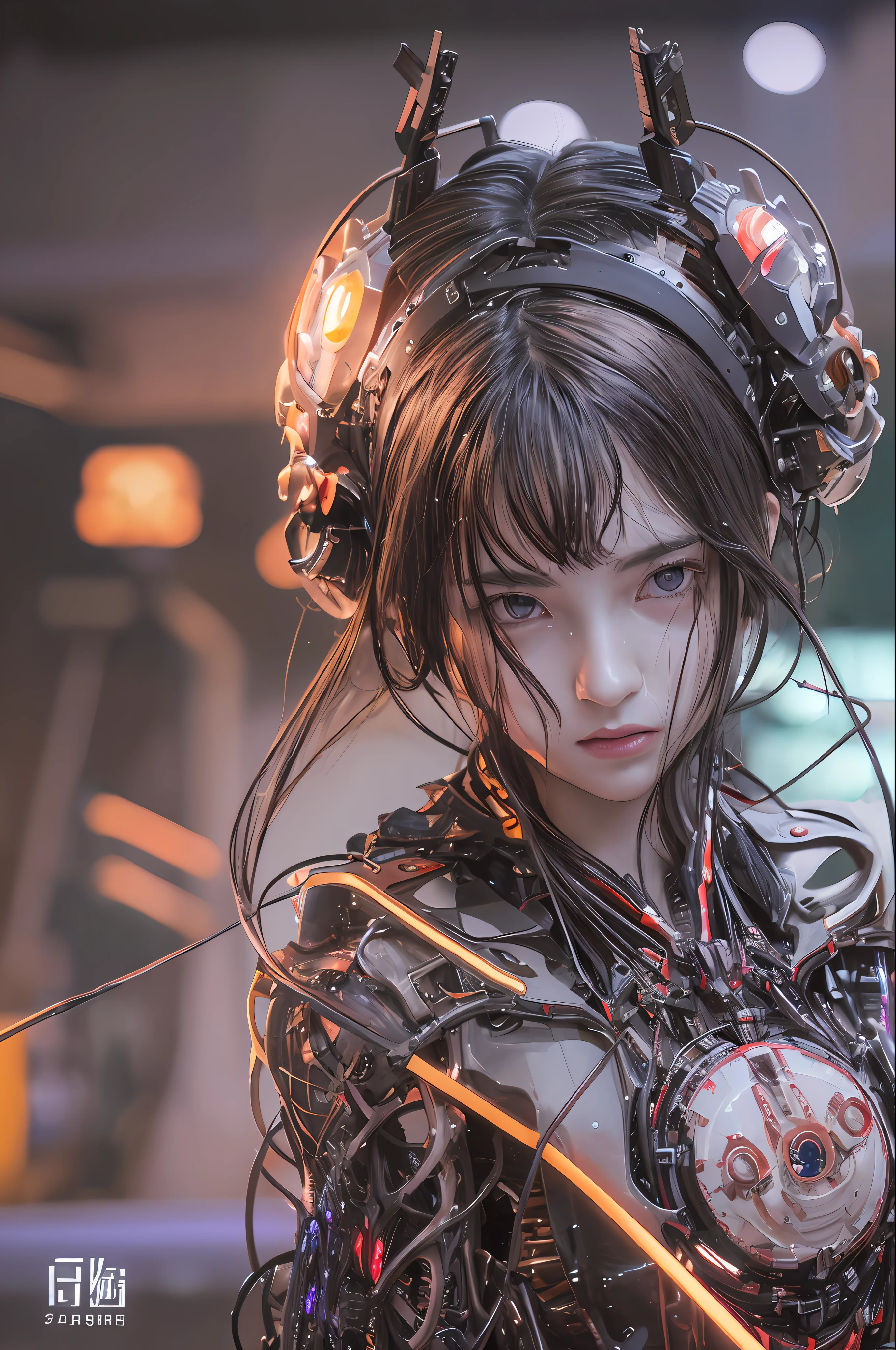 Top Quality, Masterpiece, Ultra High Resolution, (Photorealistic: 1.4), Raw Photo, 1 Girl, Black Hair, Glossy Skin, 1 Mechanical Girl, (Ultra Realistic Detail)), Portrait, Global Illumination, Shadows, Octane Rendering, 8K, Ultra Sharp, Big, Cleavage Exposed Raw Skin, Metal, Intricate Ornament Details, Japan Details, Very intricate details, realistic light, CGSoation trend, purple eyes, glowing eyes, facing the camera, neon details, mechanical limbs, blood vessels connected to the tube, mechanical vertebrae attached to the back, mechanical cervical attachment to the neck, sitting, wires and cables connecting to the head, gundam, small LED lamps,