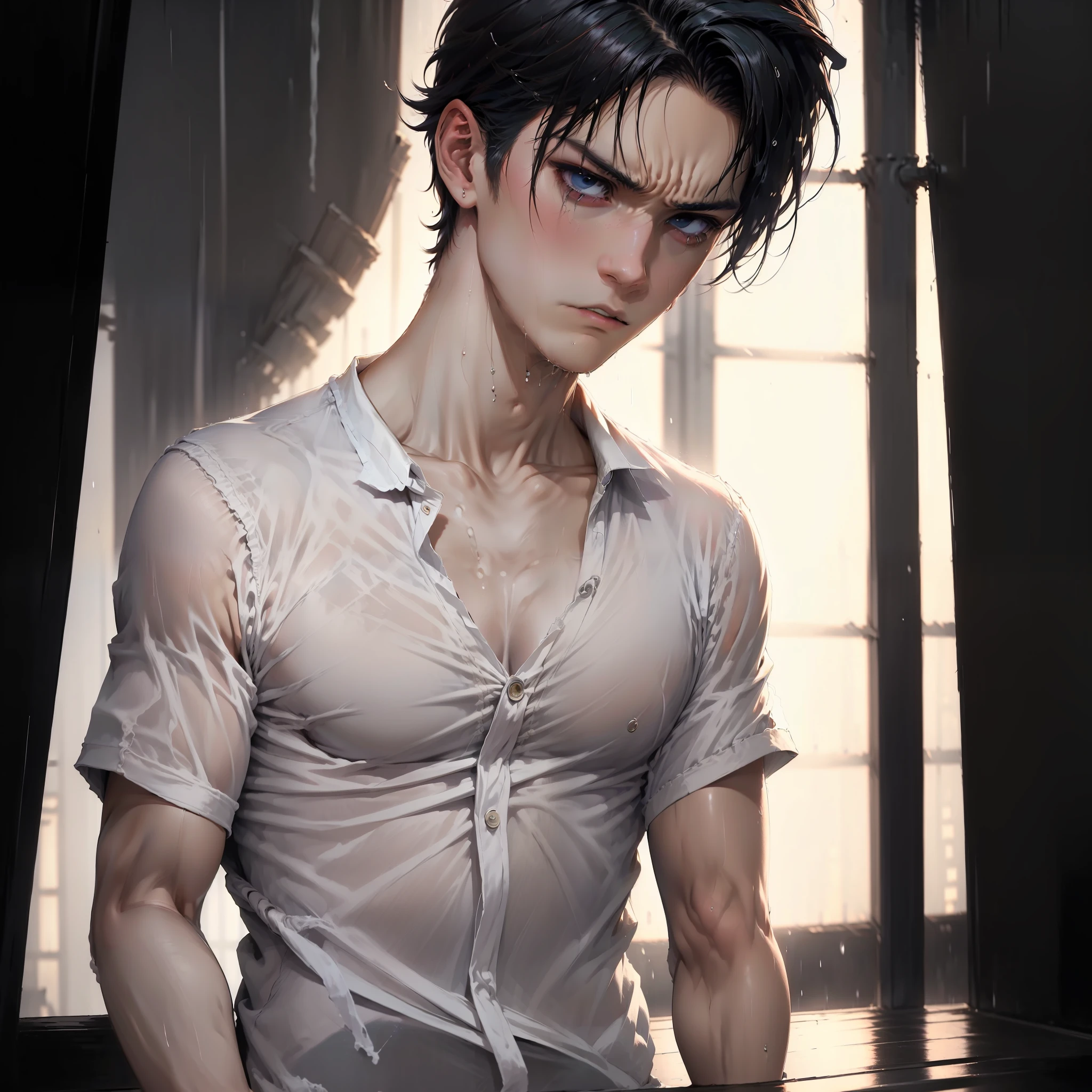 best quality, masterpiece, ultra resolution, (fidelity:1.4), photo, 1 boy, [(sad)], white shirt, dim, darkness, despair, pity, pity, pitiful, movie, tears, teardrops, (torn clothes: 1.5), (wet clothes: 1.4), bare shoulders, real rain, wet hair,..