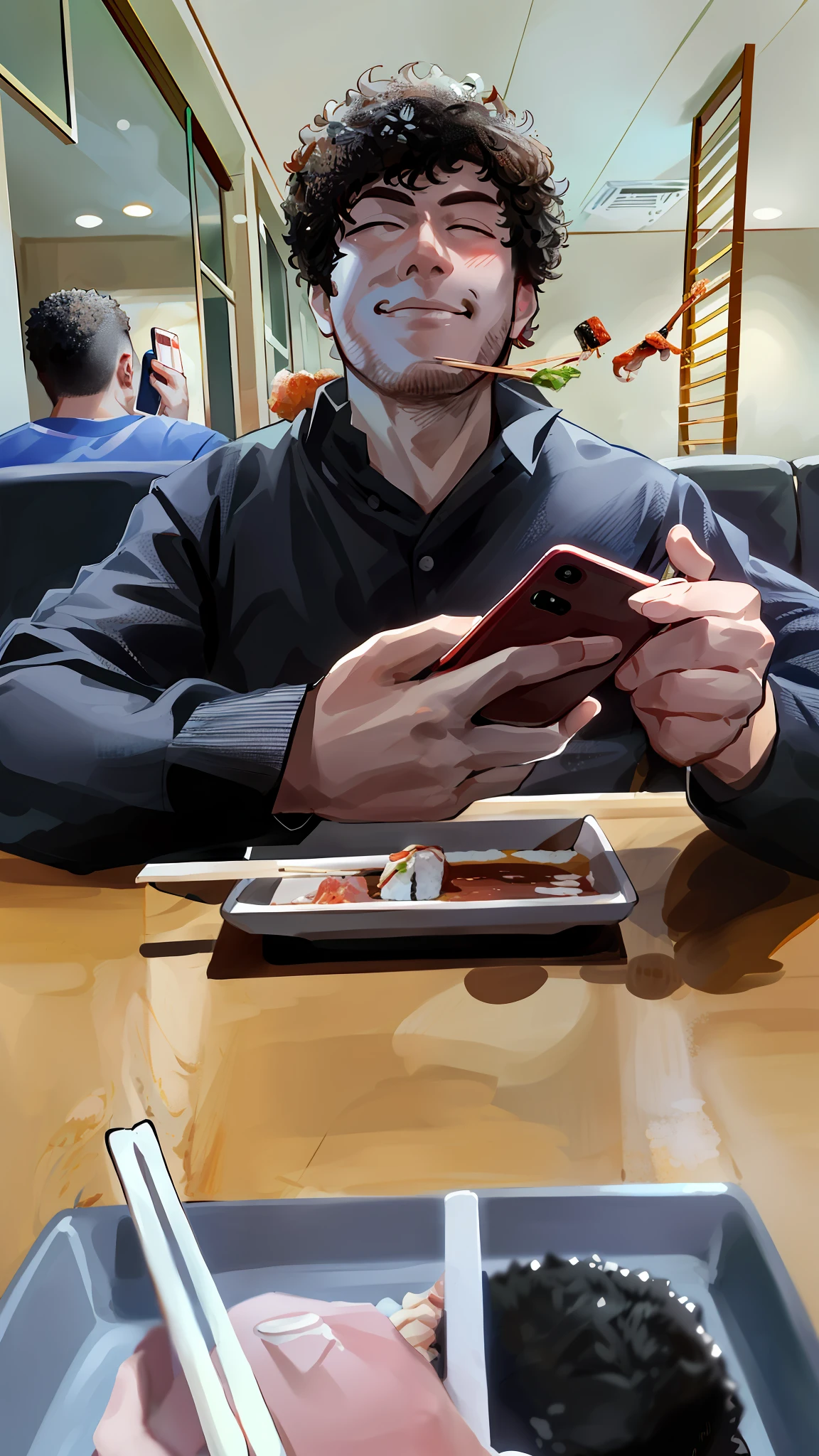 arafed man sitting at a table with chopsticks and a cell phone, eating sushi, looking at his phone, holding a very advance phone, he is holding a smartphone, eating, looking distracted, very accurate photo, cell phone photo, eating ramen, photo taken in 2 0 2 0, low quality photo, by Tom Wänerstrand