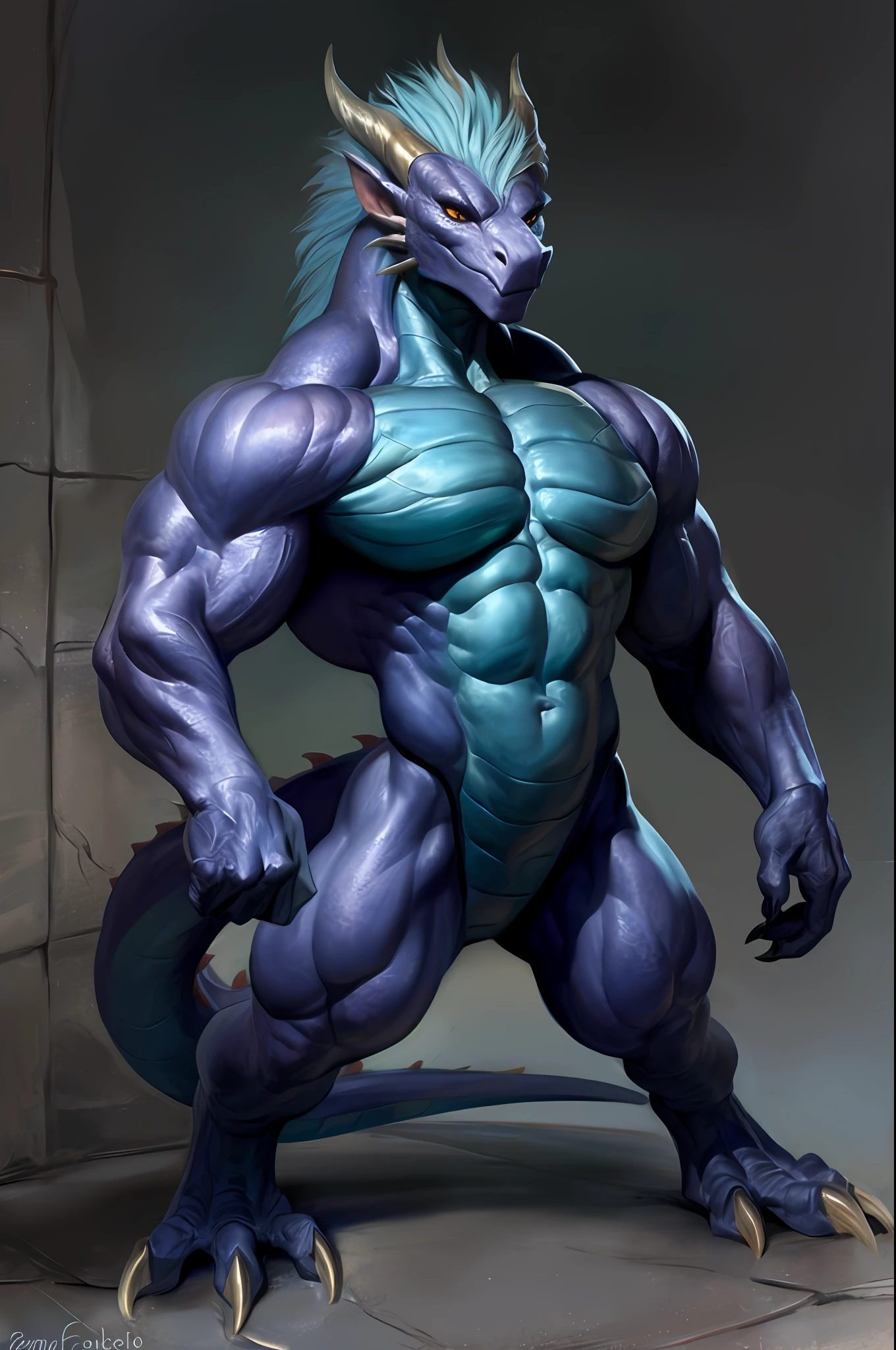 , by Bonifasko, anthro, solo, mighty, strong, muscular body, dragon, mesomorph, small head, wall of incredible abs, mane, detailed background, standing, looking at viewer, male, front view