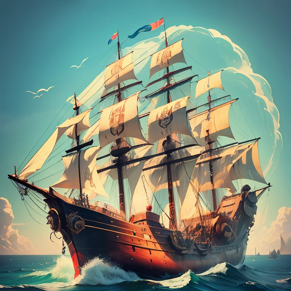 masterpiece], A Pirate Ship, inspired by T-shirt design, with 32k quality, with Retro style, made with Vibrant Colors, Captured by DSLR Camera, in a total and centralized frame, with maximum detail and a wide view of the masterpiece. --auto --s2