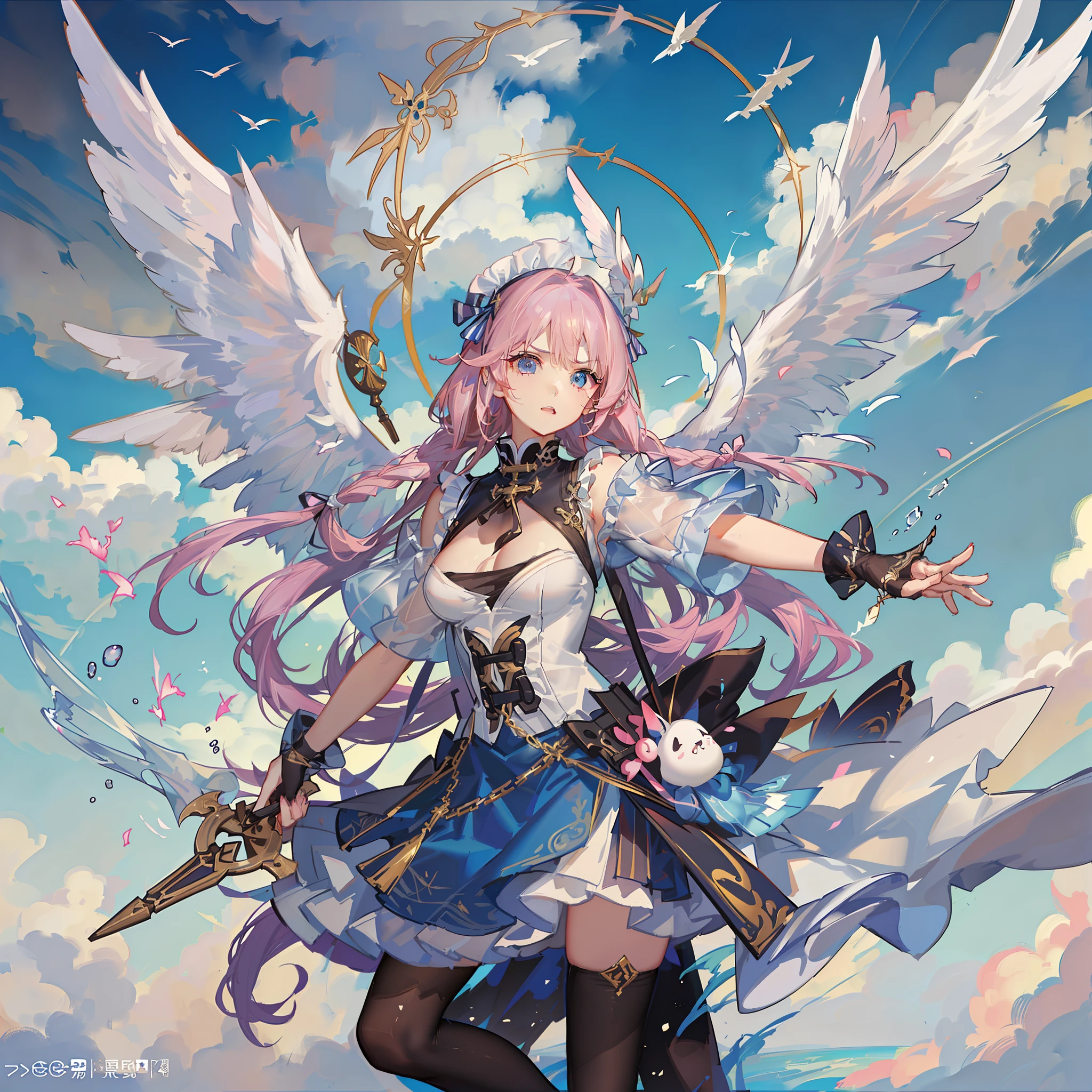 Four angel wings, apron, eye patch, two pink braids, battle, long-handled pointed weapon, clouds, fragmented Greek animal statues,战斗,全身,机能风格,严肃,全景,立绘,枪械,军用装备