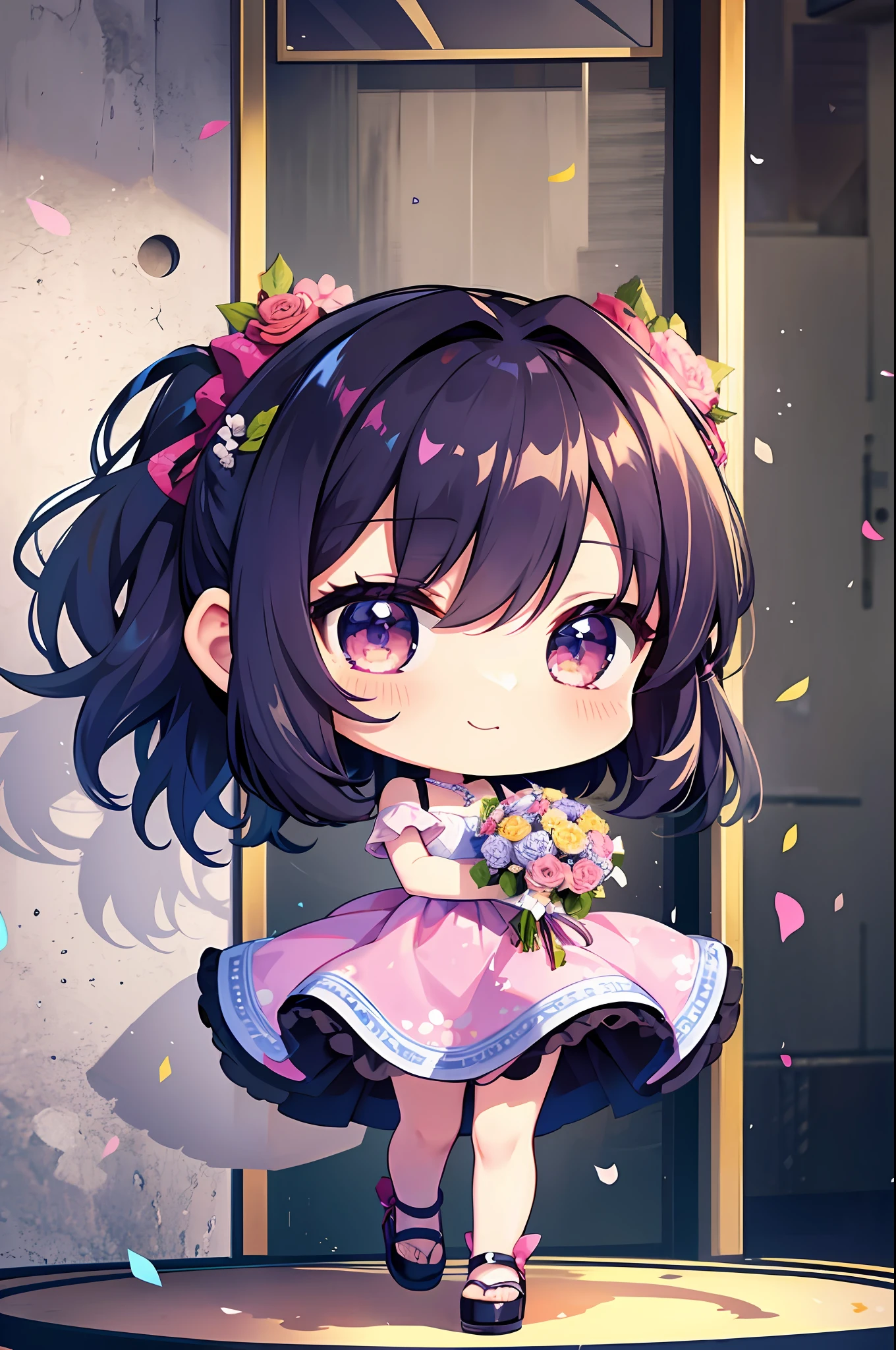 (Chibi: 1.3), happy, (holding a bouquet), full body,