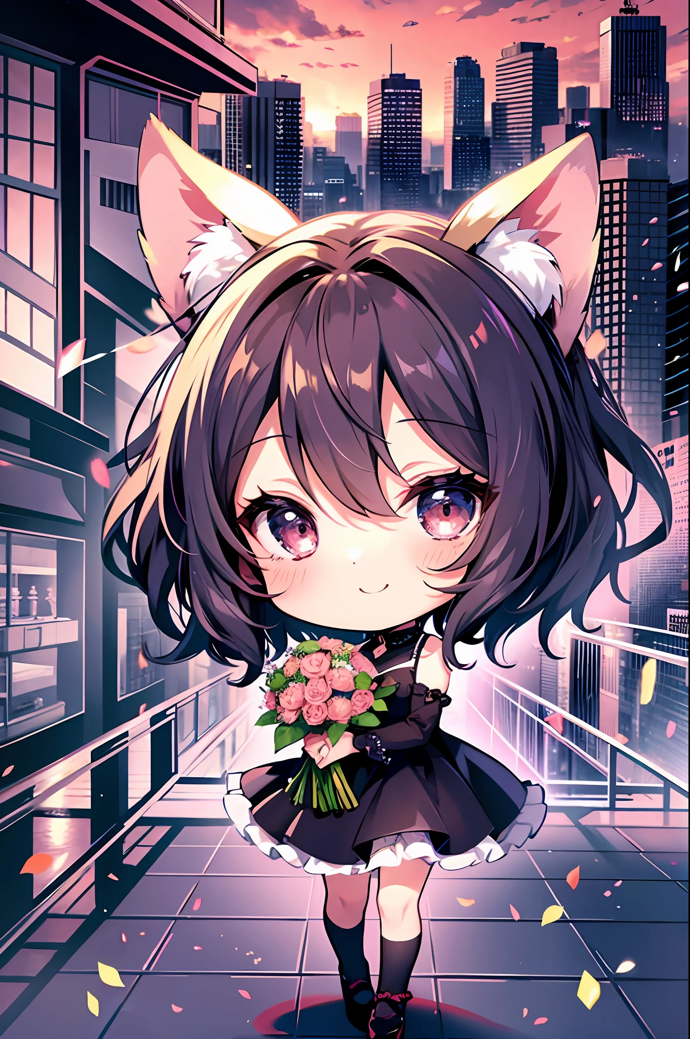 (Chibi: 1.3), happy, (holding a bouquet), full body,