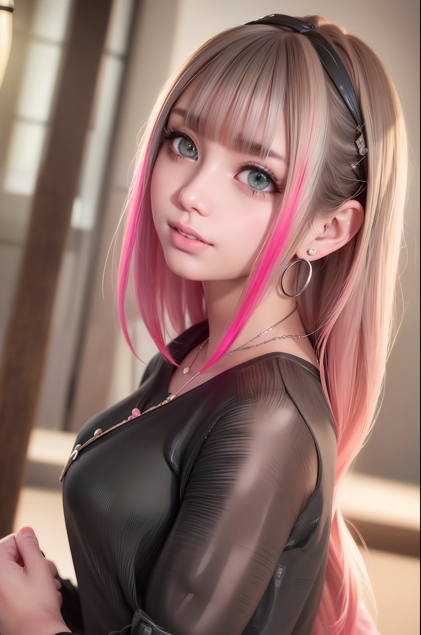 (realistic:1.3),(photo realistic:1.5),(RAW photo:1.5),(photography:1.5),extremely detailed CG,unity 8k wallpaper,caustics,super detailed skin,cinematic lighting,dynamic angle, strong light coming in,depth of field,((japanese)),((japanese girl)),(cute:1.5),(beautiful:1.3),((pretty)),(sexy:1.3),(medium hair:1.3), blunt bangs, (straight hair),(beautiful ash hair color:1.7), (colored inner hair:1.5),green eyes,(Pink lips),Multiple piercings,(Ear Body Piercing),necklace,GAL, sly face, (round face),black skin, gleaming skin, smile, (school uniform:1.5),