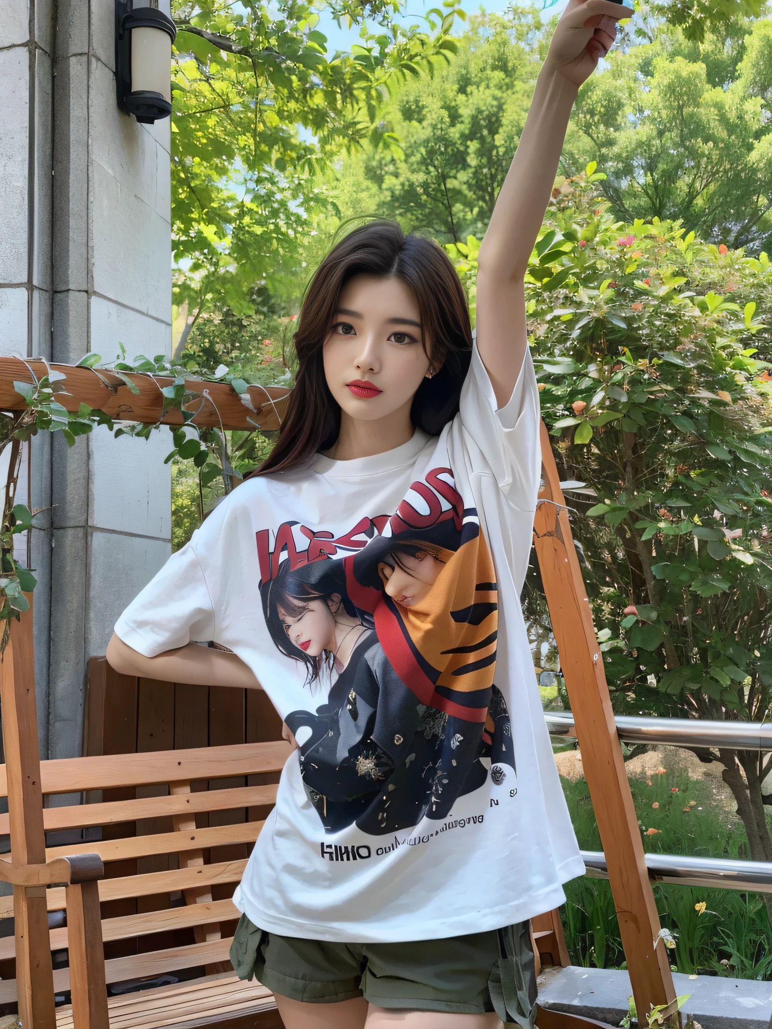 there is a woman that is standing on a bench with a cell phone, bae suzy, cai xukun, 2 0 2 0 fashion, jinyoung shin, sha xi, official product image, inspired by Song Maojin, lei min, short sleeves, 2 0 2 2 photo, unknown artist, kda, park shin hye as a super villain