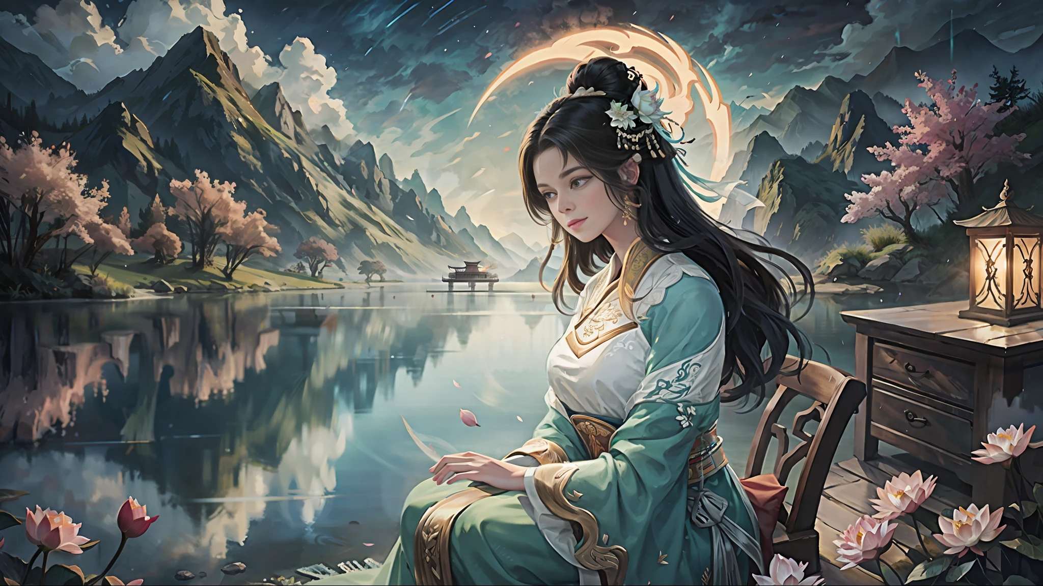 Chinese ancient style, in the pavilion by the lake, a woman wearing traditional Chinese traditional white Hanfu, the woman sits on a chair in the pavilion, the woman looks at the lake, there is a tall tower standing on the surface of the mountain in the background, there are a large number of lotus flowers in the lake, there is a bridge across the lake above the lake, the sky is drizzling, the rain is clearly visible, observe the woman from the side, the woman looks in a trance, high quality delicate texture, clear and high-resolution images, exquisite details, realistic 8K visual enjoyment, excellent lighting skills, Well-conceived composition layout, rich visual layers, excellent light and shadow effects, attractive color matching, immersive picture experience,