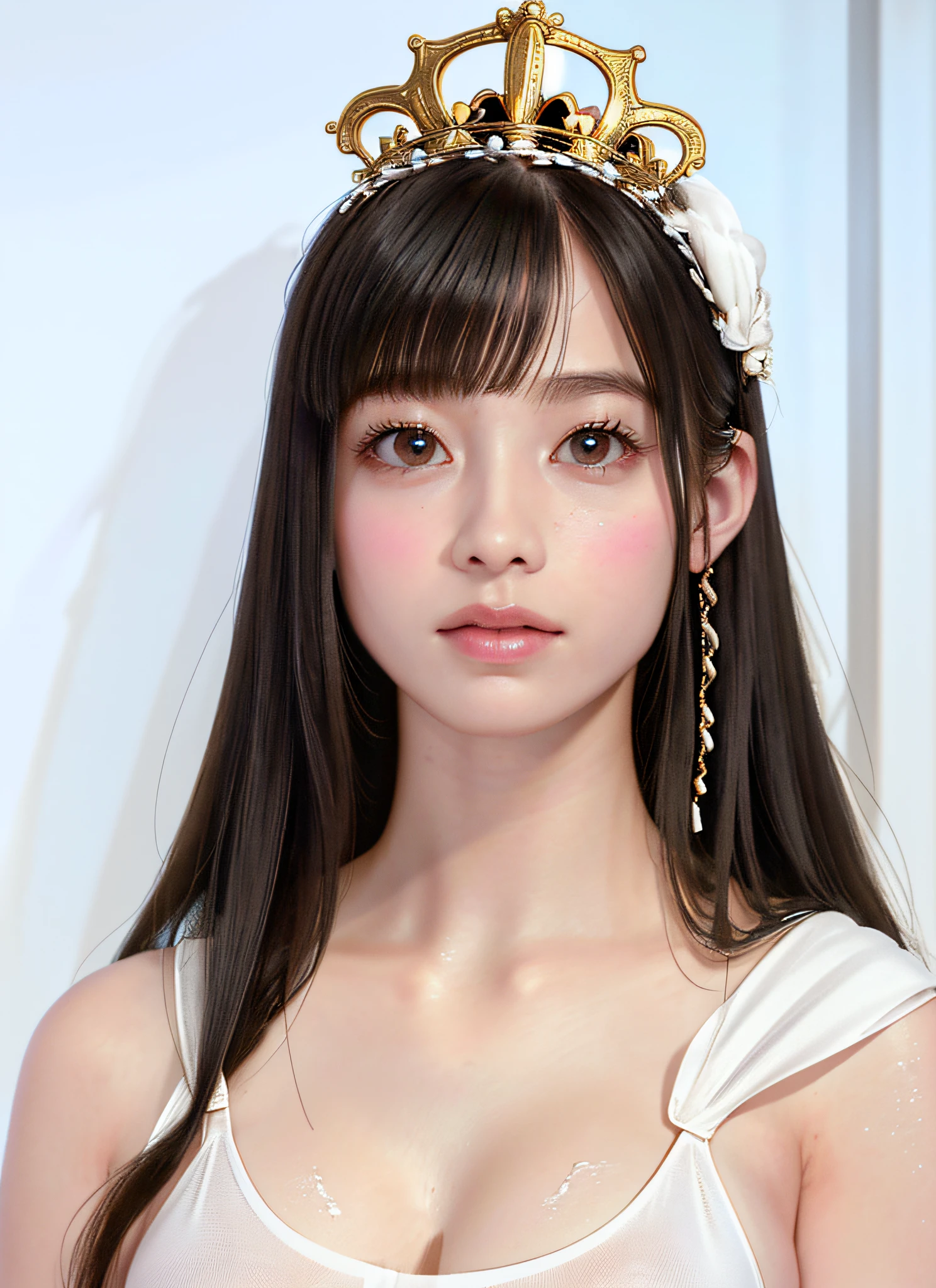 Ultra-detailed complex 3D rendering of the face, (Colossal: 7.8), glamour shot full body image, braless, long hair, Watch Viewer, ((Very cute woman in micro bikini (white silk string micro bikini)), Perfect figure: 1.4, Slim abs: 1.1, aside, (shiny skin),((Realistic lighting, top quality, 8K, masterpiece: 1.3)), Clear Focus: 1.2, 1 girl, Perfect figure: 1.4, (cleavage), intricate details, ultra-detailed large crown adorned with jewels: 1.2), big,, (surreal), (high resolution), (8K), (very detailed), (beautiful detailed eyes), she emits soft and bright light and illuminates everything around her, light particles, jewels with ultra-detailed details, 1 girl, solo, long hair, wind, gorgeous face, Top quality, masterpiece, maximum detail, diffused lighting, (black hair: 1.3), Valhalla Valkyrie, beauty, facial muscles