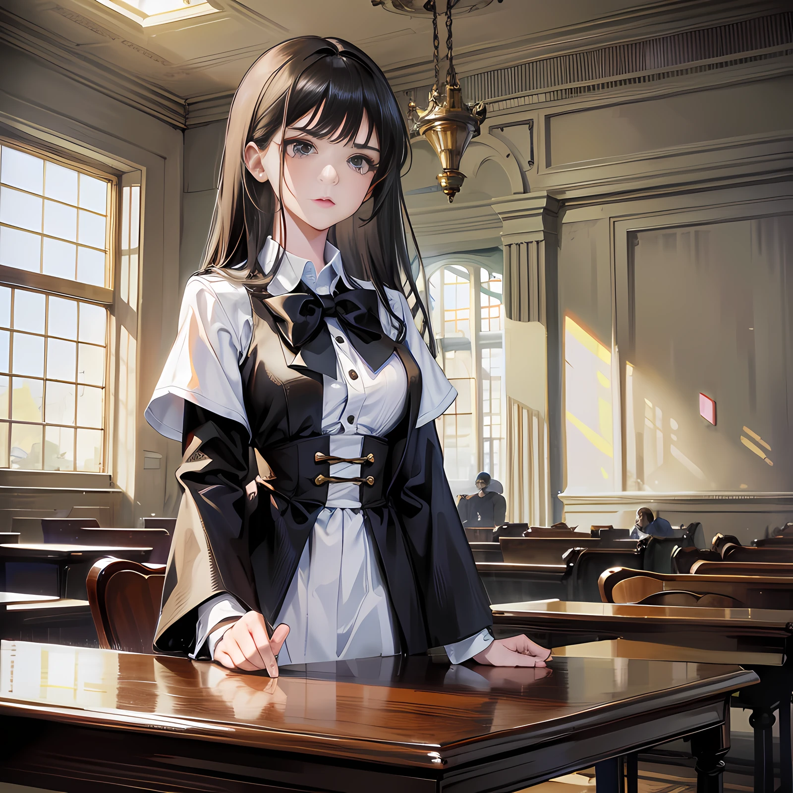 In the courthouse, on the seat, there is a girl standing up, long black hair, angry, scared, talking, super detailed, 4k, white, no bow tie, super detailed,