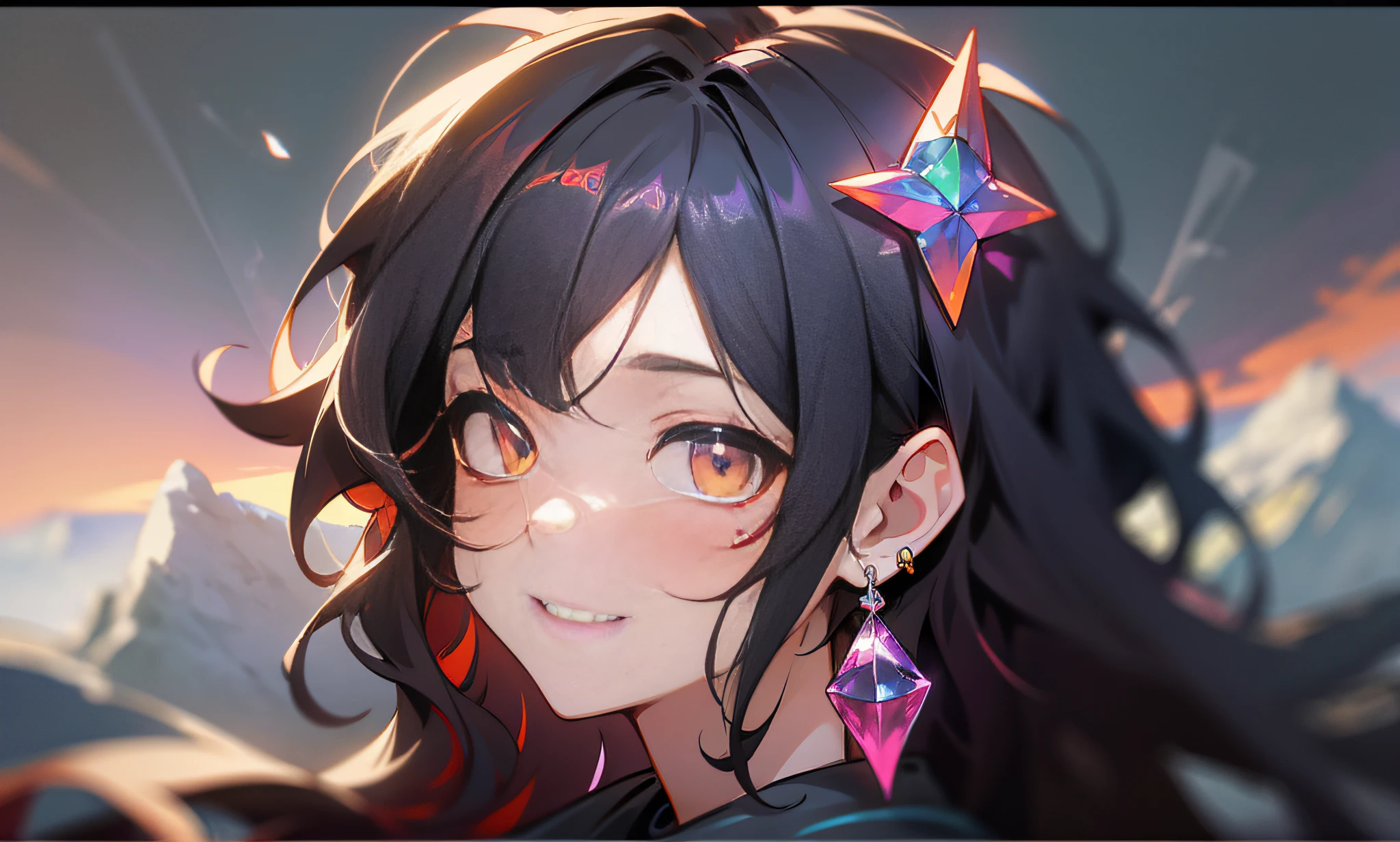 multicolored hair, black hair, messy hair, wavy hair, hair strand, multicolored eyes, crystal earrings, smile, anime, high detail, Conceptual art, cinematic lighting, ray tracing, drop shadow, UHD, retina, masterpiece, ccurate, anatomically correct, textured skin, super detail, high details, high quality, best quality, highresa girl, (Full body: 1.8), Intricate ta dress, Dress in cotton, (Exact hand structure: 1.1), (Healthy limbs), Reduced purity, (Best quality: 1.1), Magnificent snow-capped mountain background, Classic beautiful hairstyle, Cute face shape, Nice face, Very fine details, Dynamic and natural, Masterpiece、, multicolored hair, black hair, messy hair, wavy hair, hair strand, multicolored eyes, crystal earrings, smile, anime, high detail, Conceptual art, cinematic lighting, ray tracing, drop shadow, Best quality, UHD, UHD, retina, masterpiece, ccurate, anatomically correct, textured skin, super detail, high details, high quality, best quality, highres